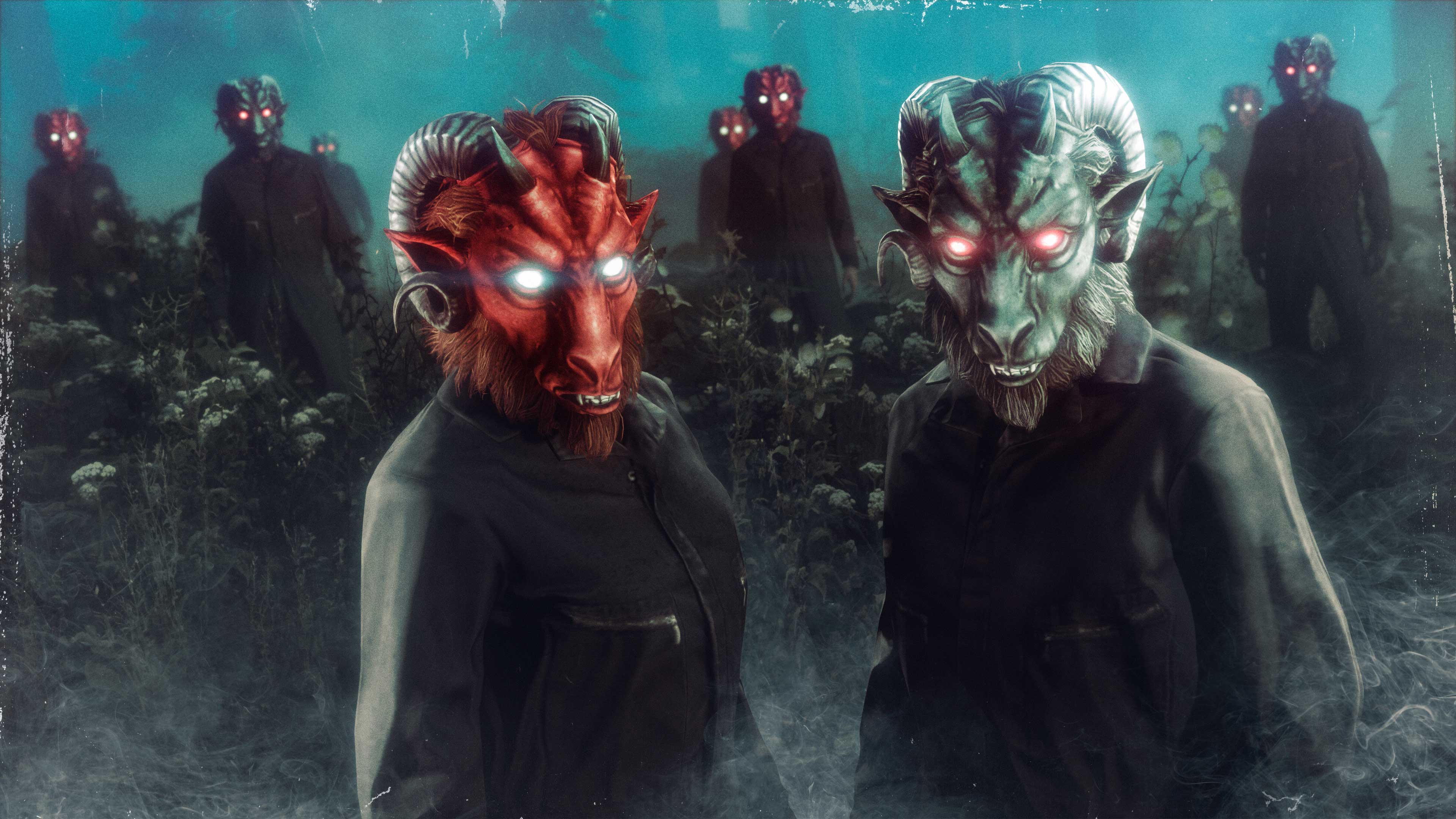 Screenshot of two GTA Online characters wearing Black & Red Demon Goat Mask.