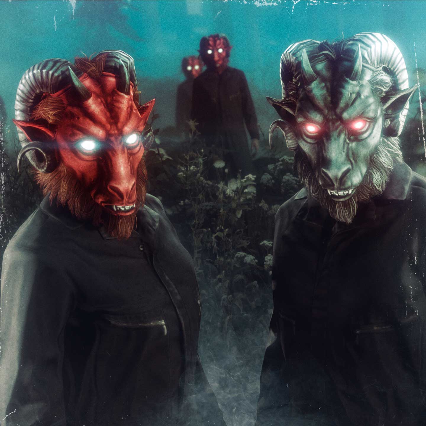 Screenshot of two GTA Online characters wearing Black & Red Demon Goat Mask.