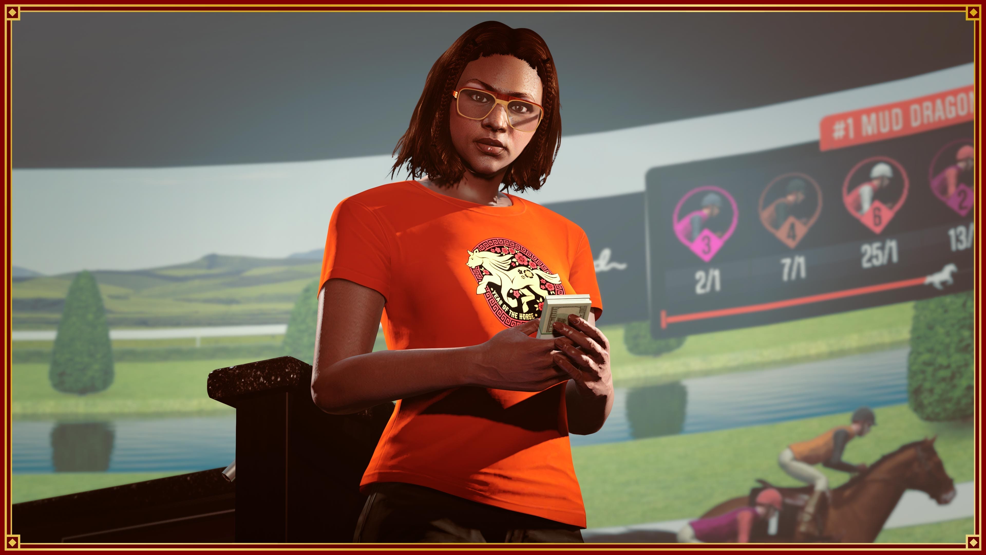 Screenshot of a GTA Online character wearing Red Year of the Horse Tee.
