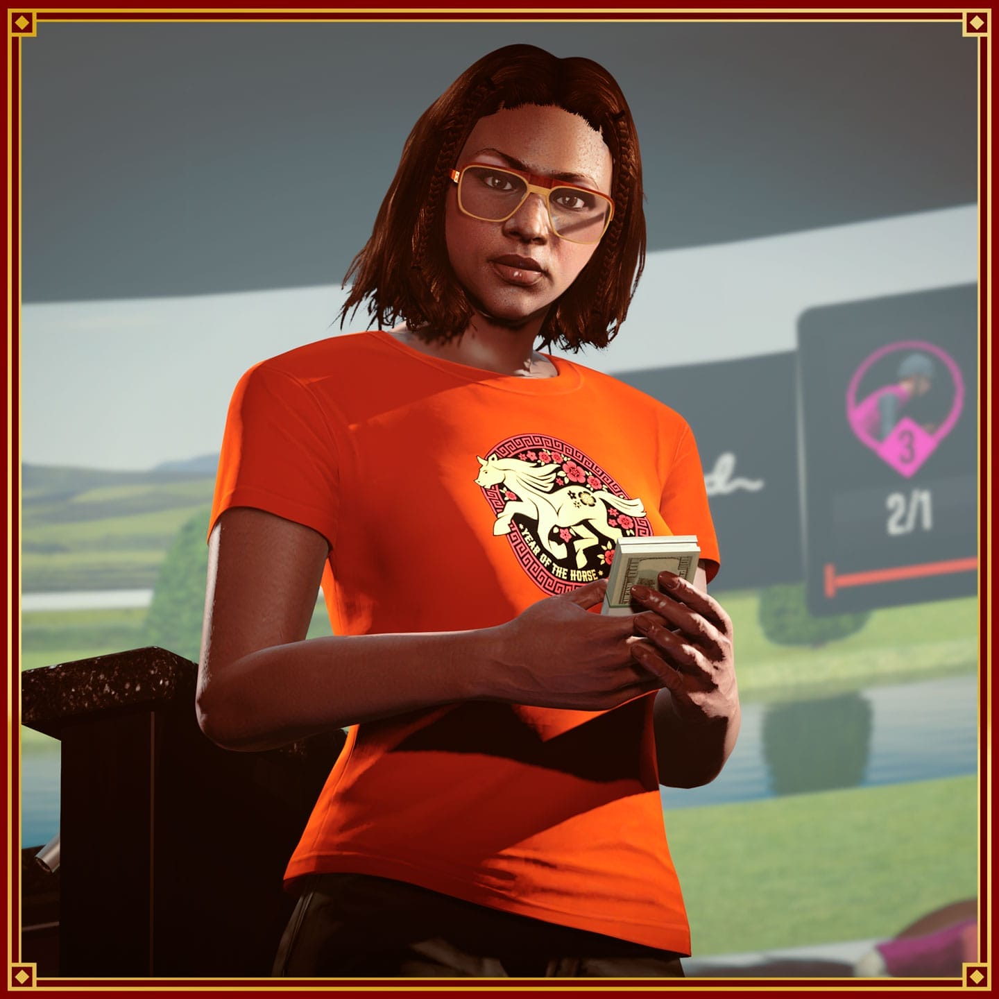 Screenshot of a GTA Online character wearing Red Year of the Horse Tee.