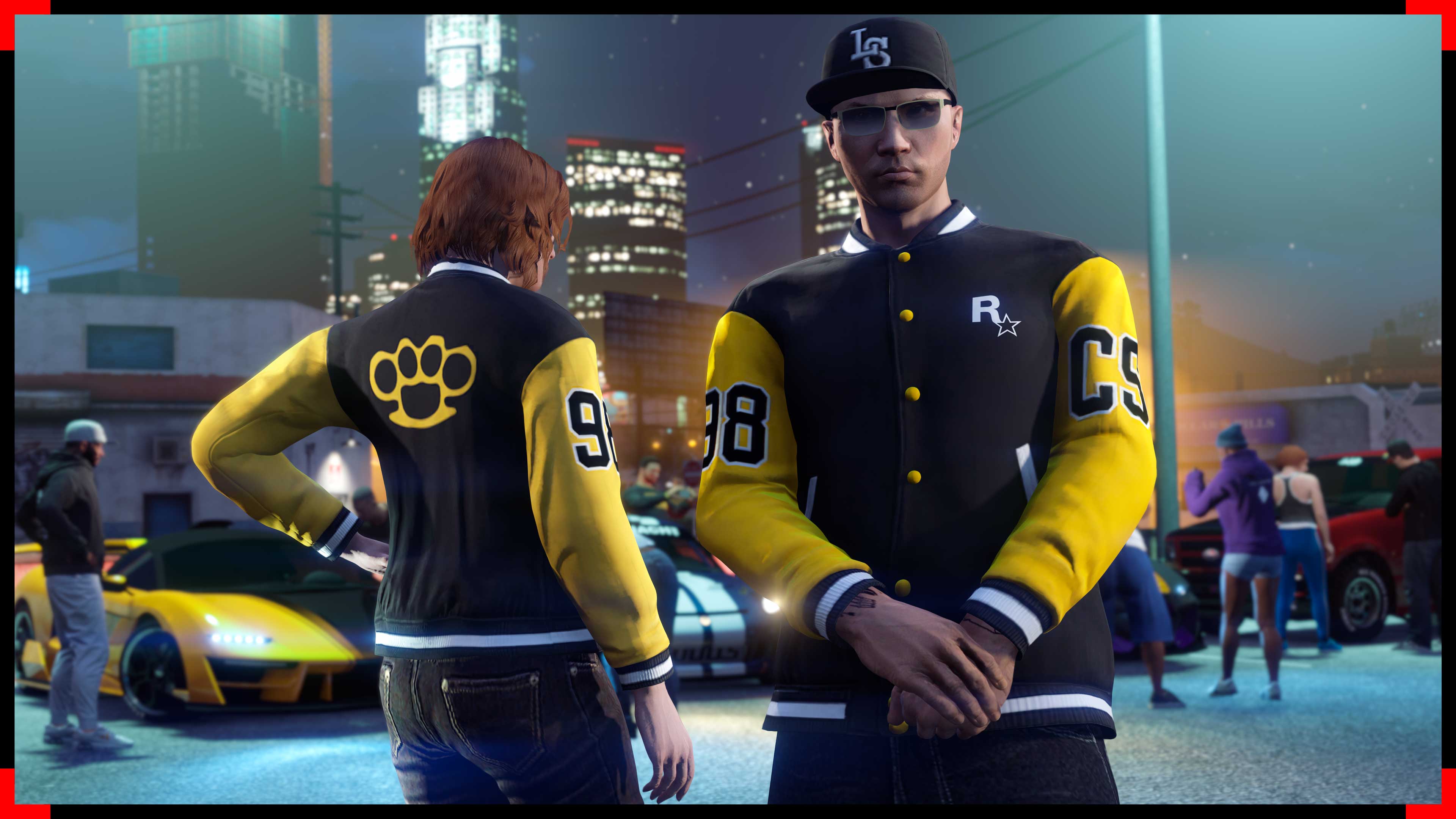 Screenshot of two GTA Online characters wearing Community Series Varsity Jacket.