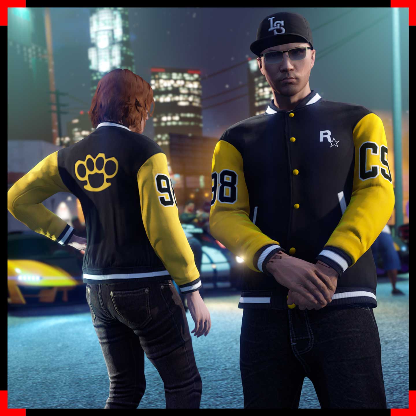 Screenshot of two GTA Online characters wearing Community Series Varsity Jacket.