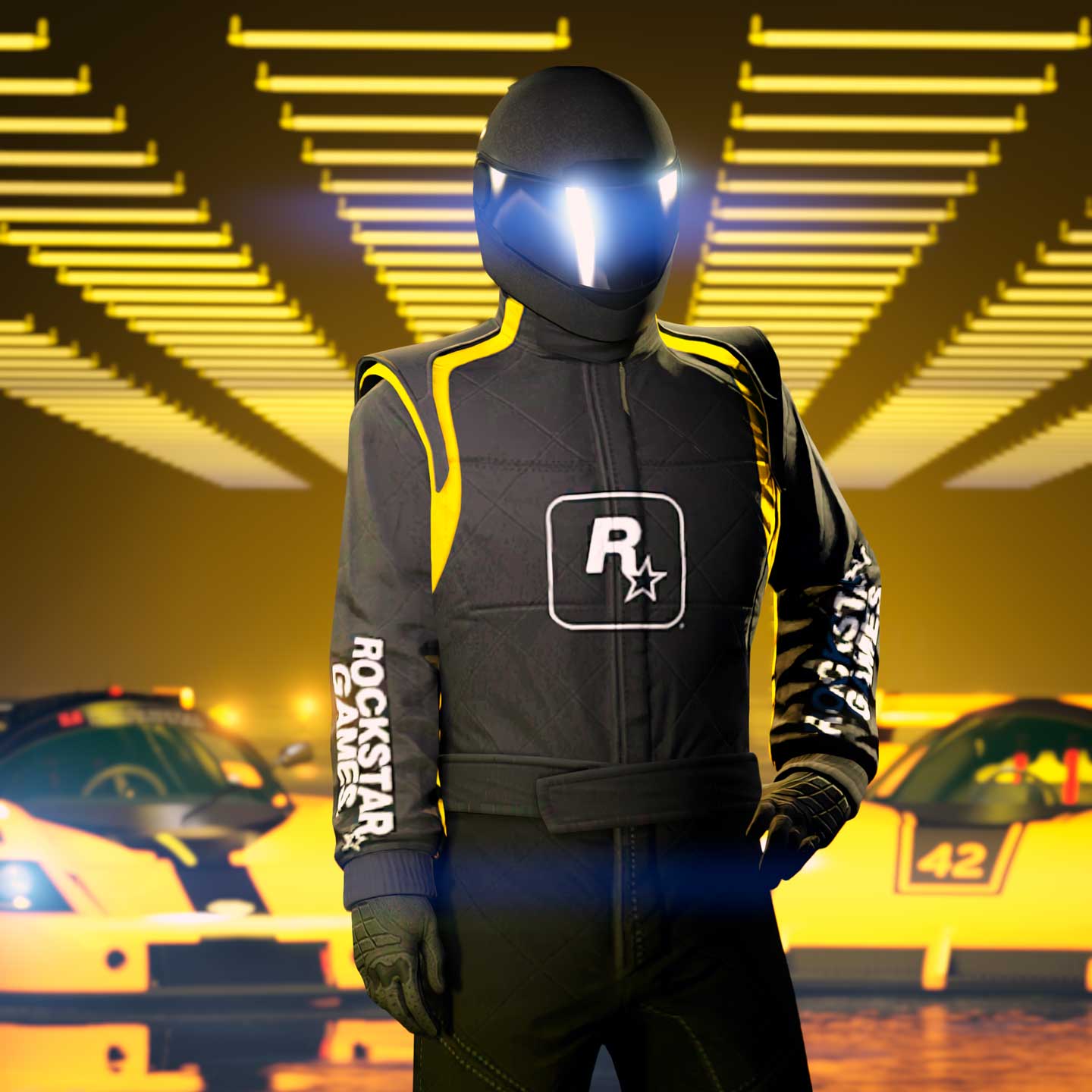 Rockstar Racing Suit Screenshot of a GTA Online character wearing a Rockstar Racing Suit.