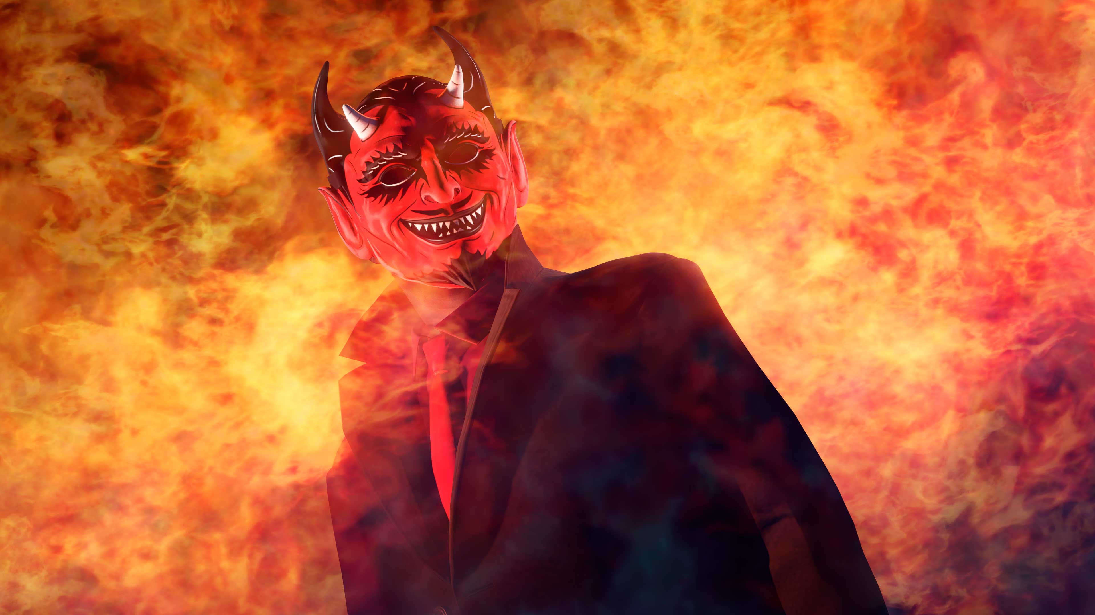 Screenshot of a GTA Online character wearing the Scarlet Vintage Devil Mask.