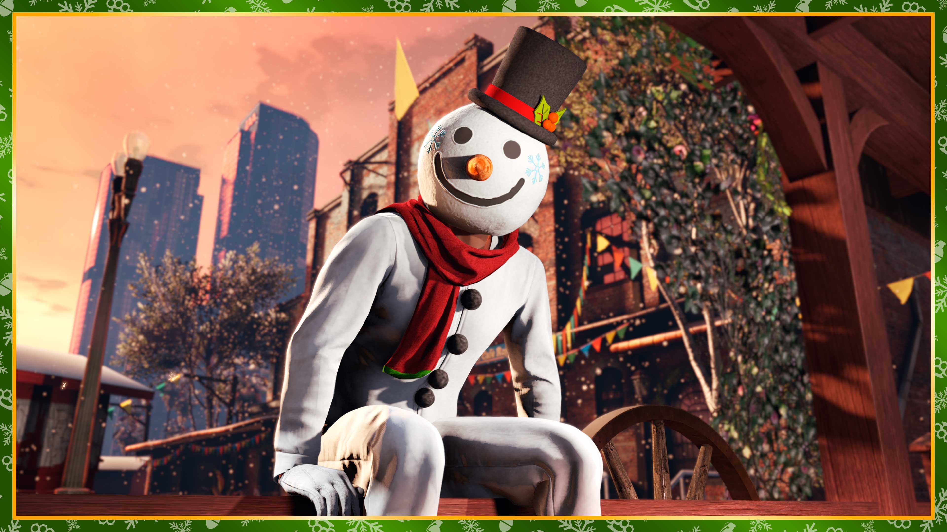 Screenshot of a GTA Online character wearing The Snowman Outfit.