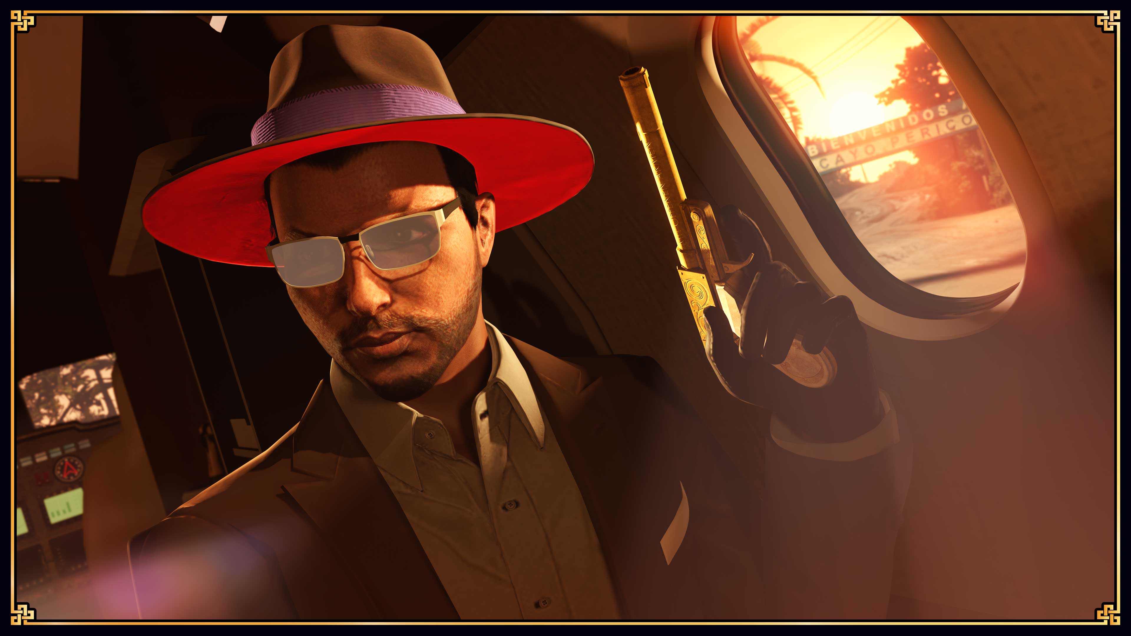 Screenshot of a GTA Online character wearing the Strickler Hat.