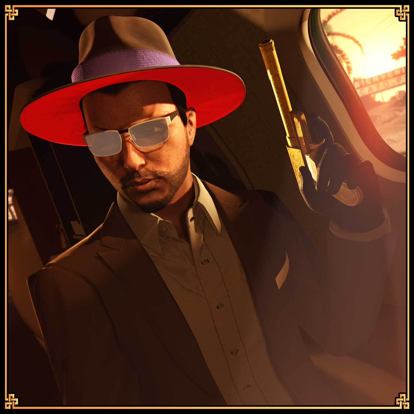 Screenshot of a GTA Online character wearing the Strickler Hat.