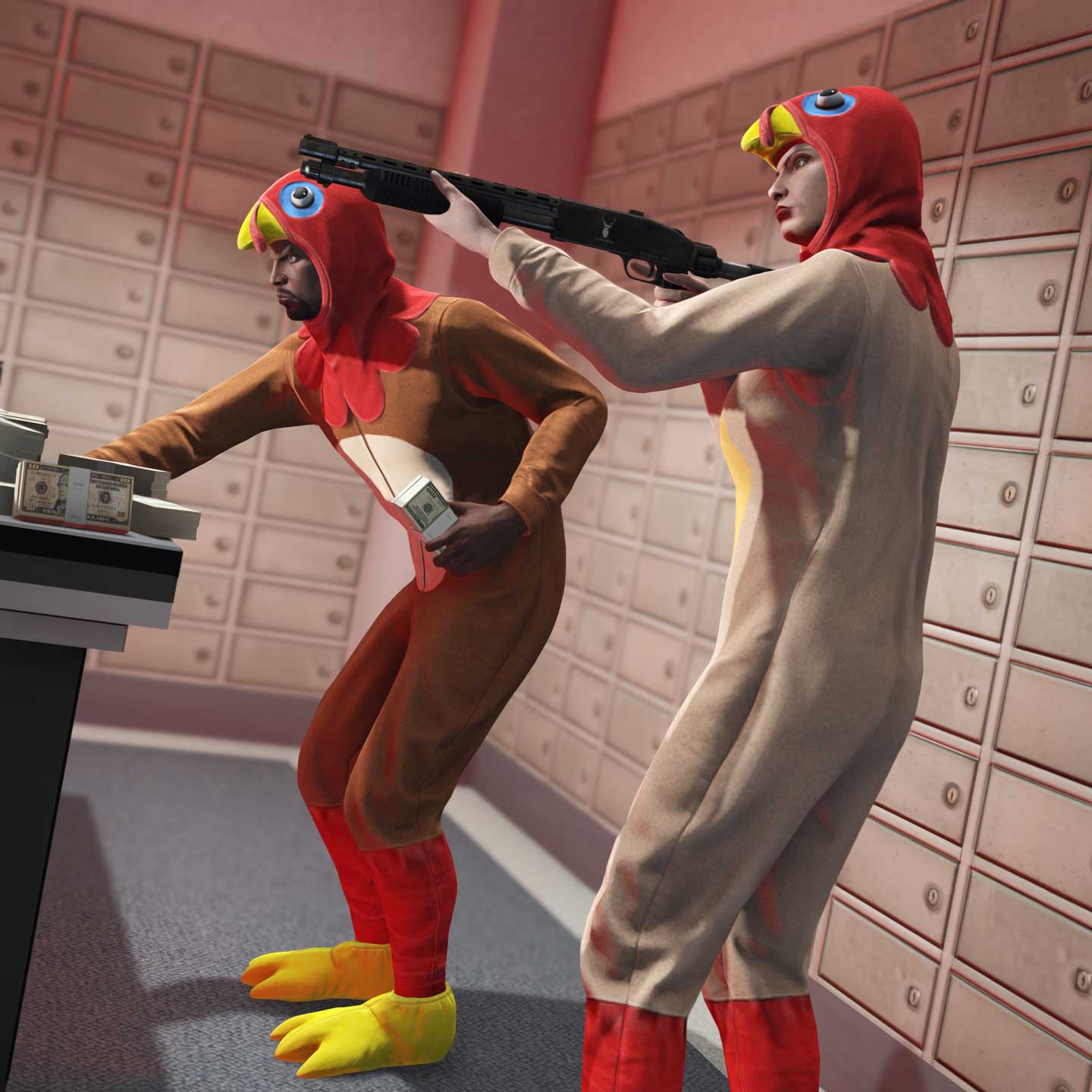 Turkey Outfit Screenshot of two GTA Online characters wearing Tan and Brown Turkey Outfit.