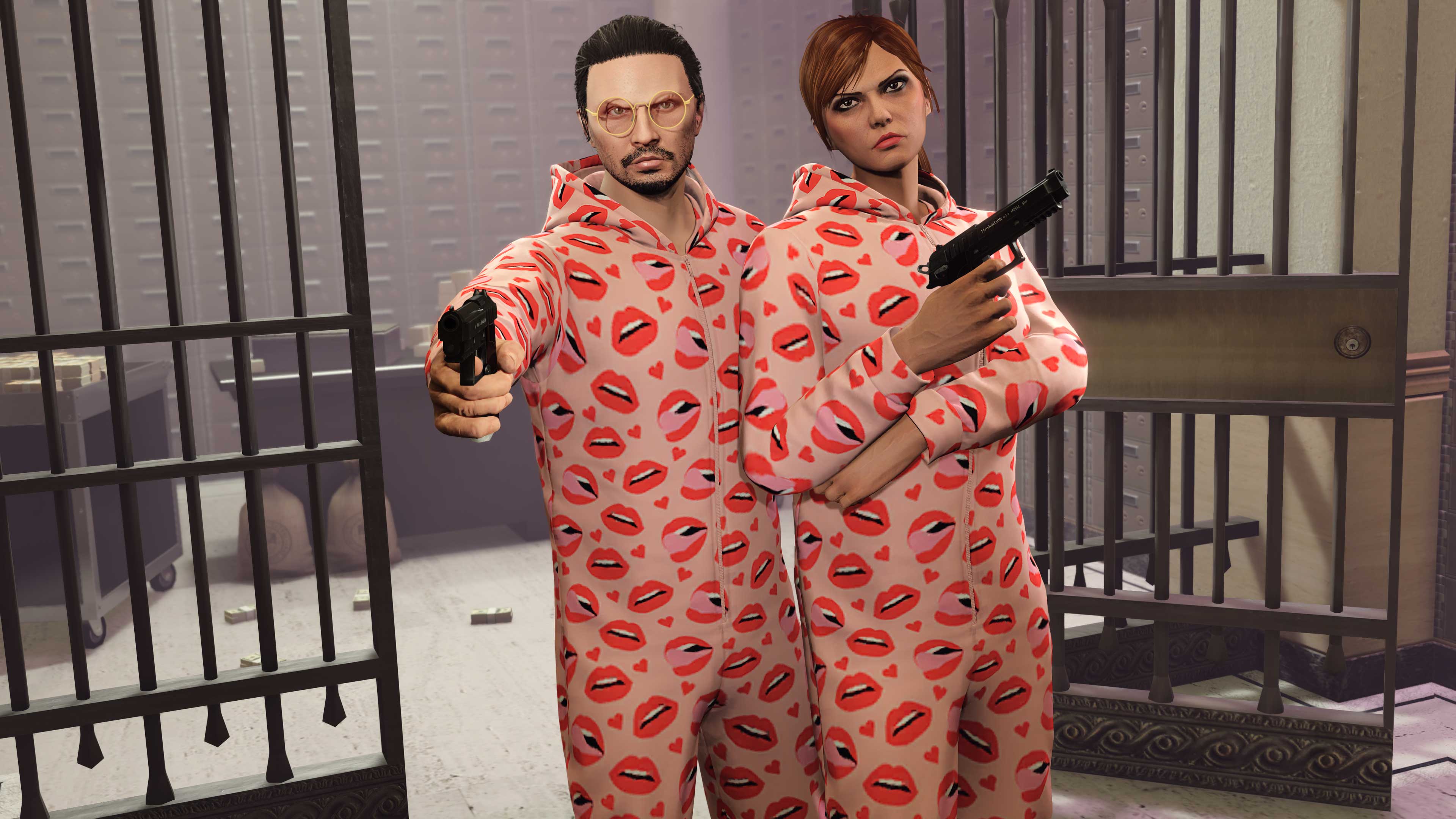 Screenshot of two GTA Online characters wearing Valentine's Onesies.