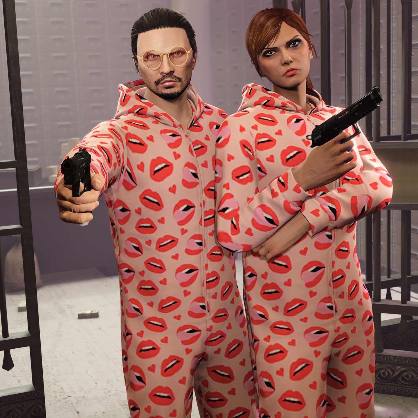 Screenshot of two GTA Online characters wearing Valentine's Onesies.