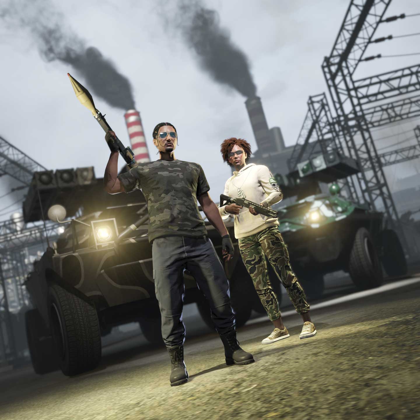 Screenshot of two GTA Online characters wearing Vom Feuer Camo Tee and Dollar Daggers Hoodie.