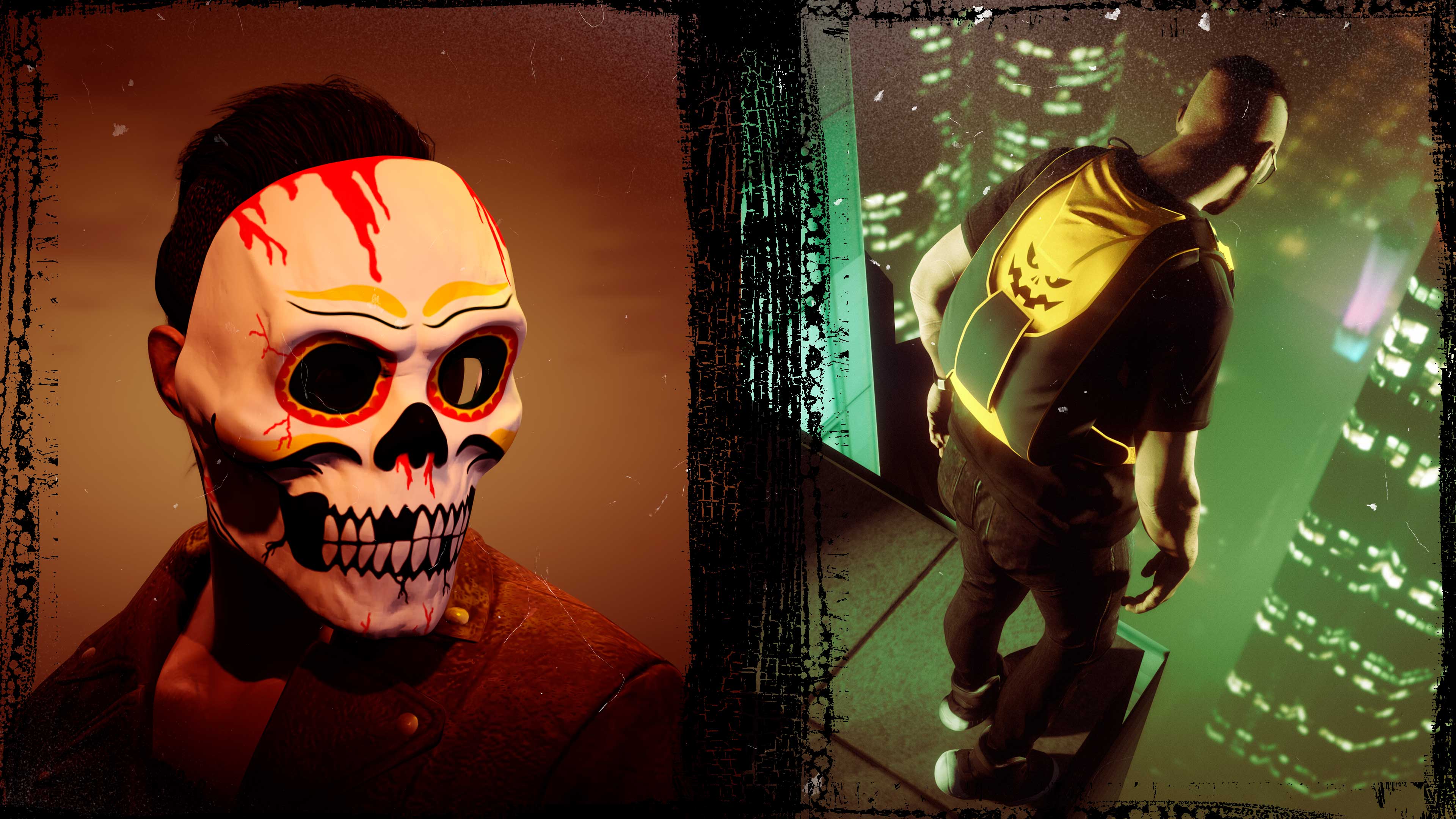 White Vintage Skull Mask & Halloween Parachute Bag Screenshot of two GTA Online characters wearing a White Vintage Skull Mask and a Halloween Parachute Bag.