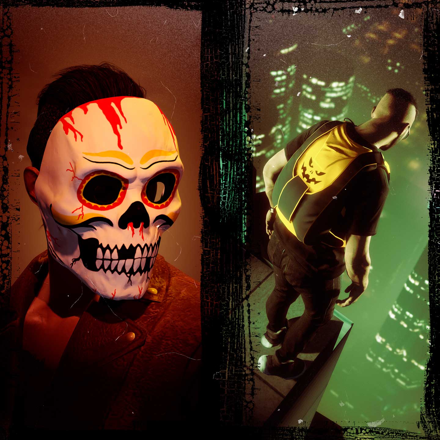 White Vintage Skull Mask & Halloween Parachute Bag Screenshot of two GTA Online characters wearing a White Vintage Skull Mask and a Halloween Parachute Bag.