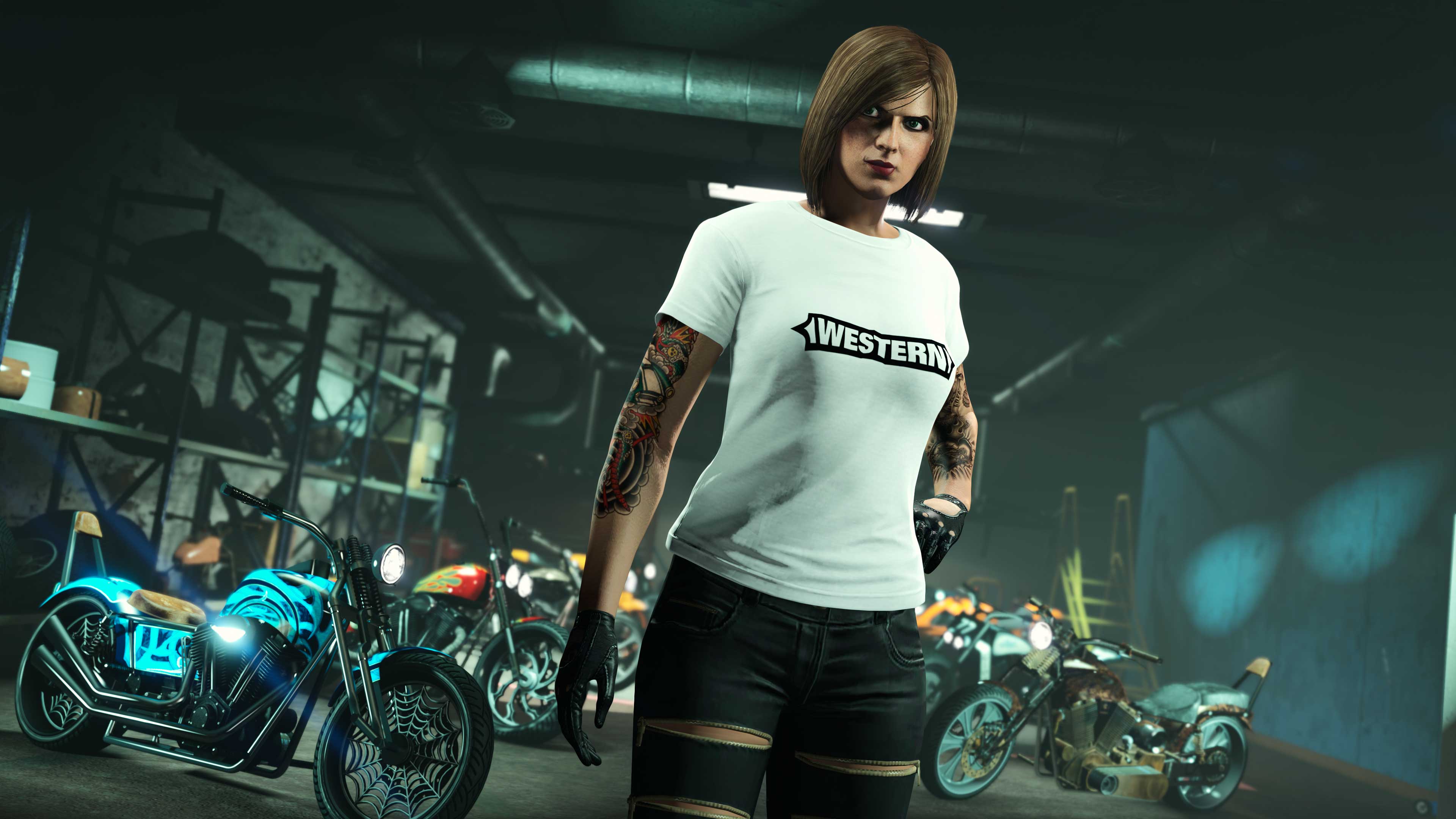 White Western Brand Tee Screenshot of a GTA Online character wearing White Western Brand Tee.