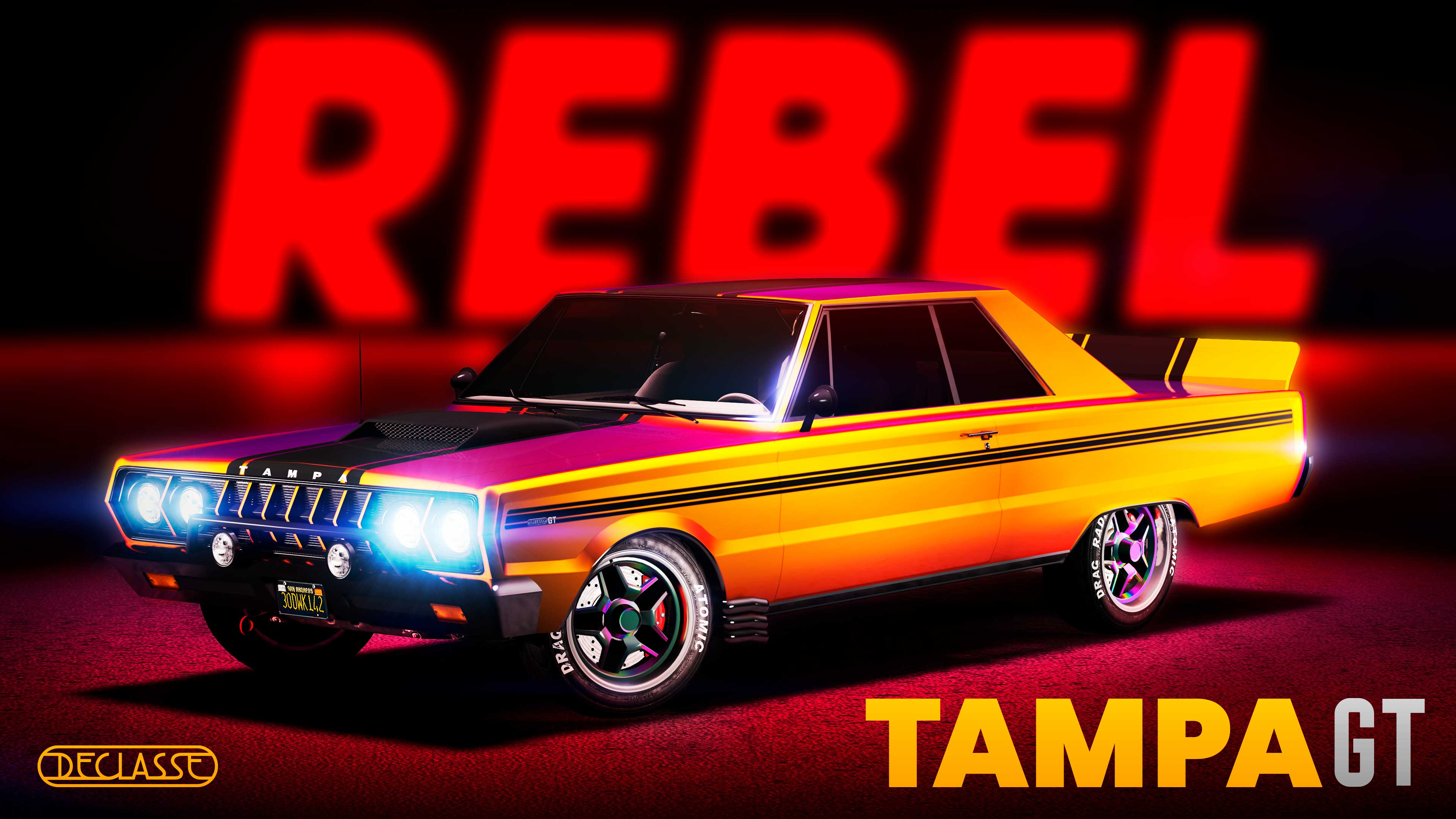 Declasse Tampa GT Promotional poster for Declasse Tampa GT in GTA Online.