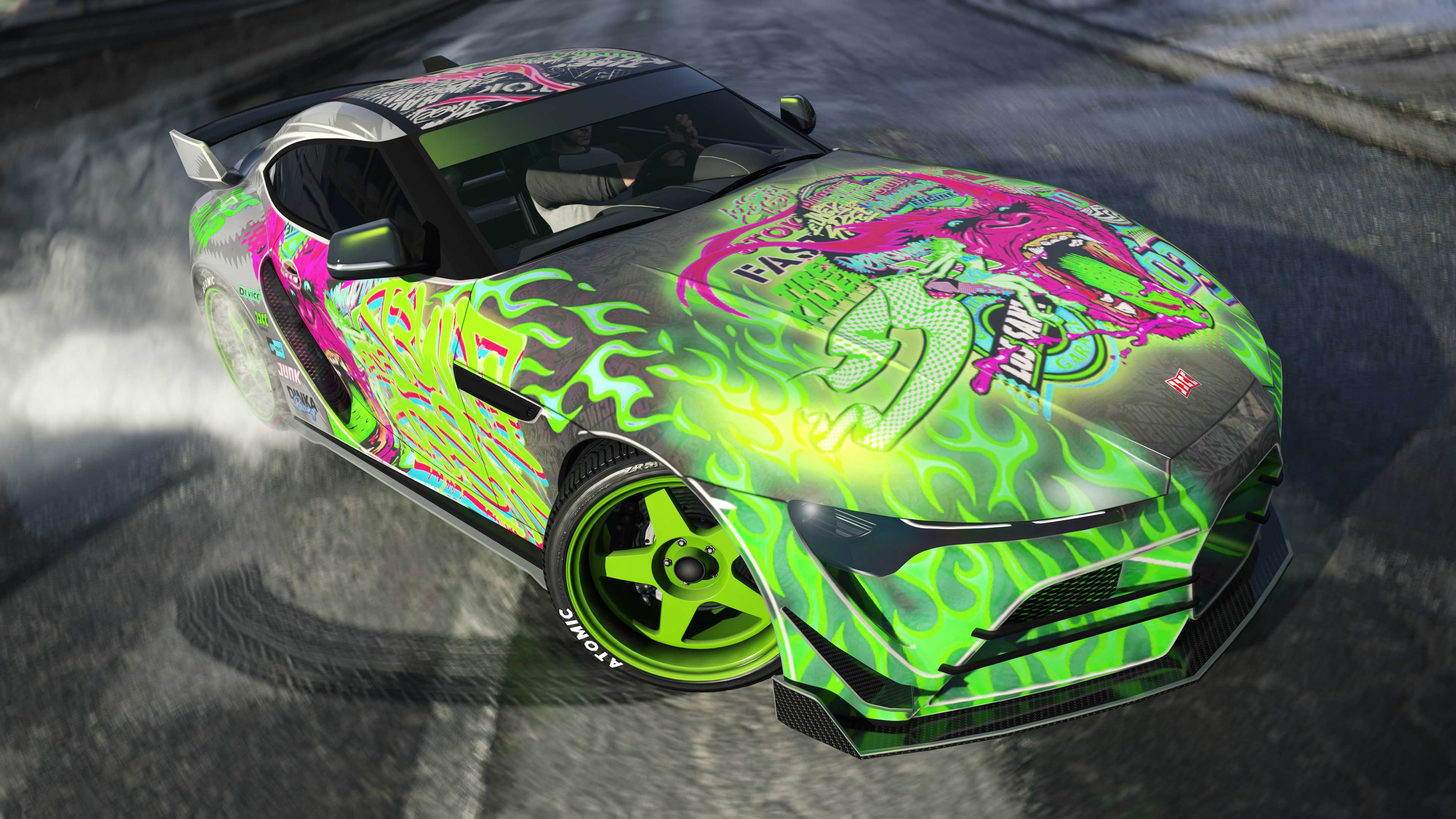 Dinka Jester RR Screenshot of a Dinka Jester RR with a Drift Gorilla Green Livery in GTA Online.