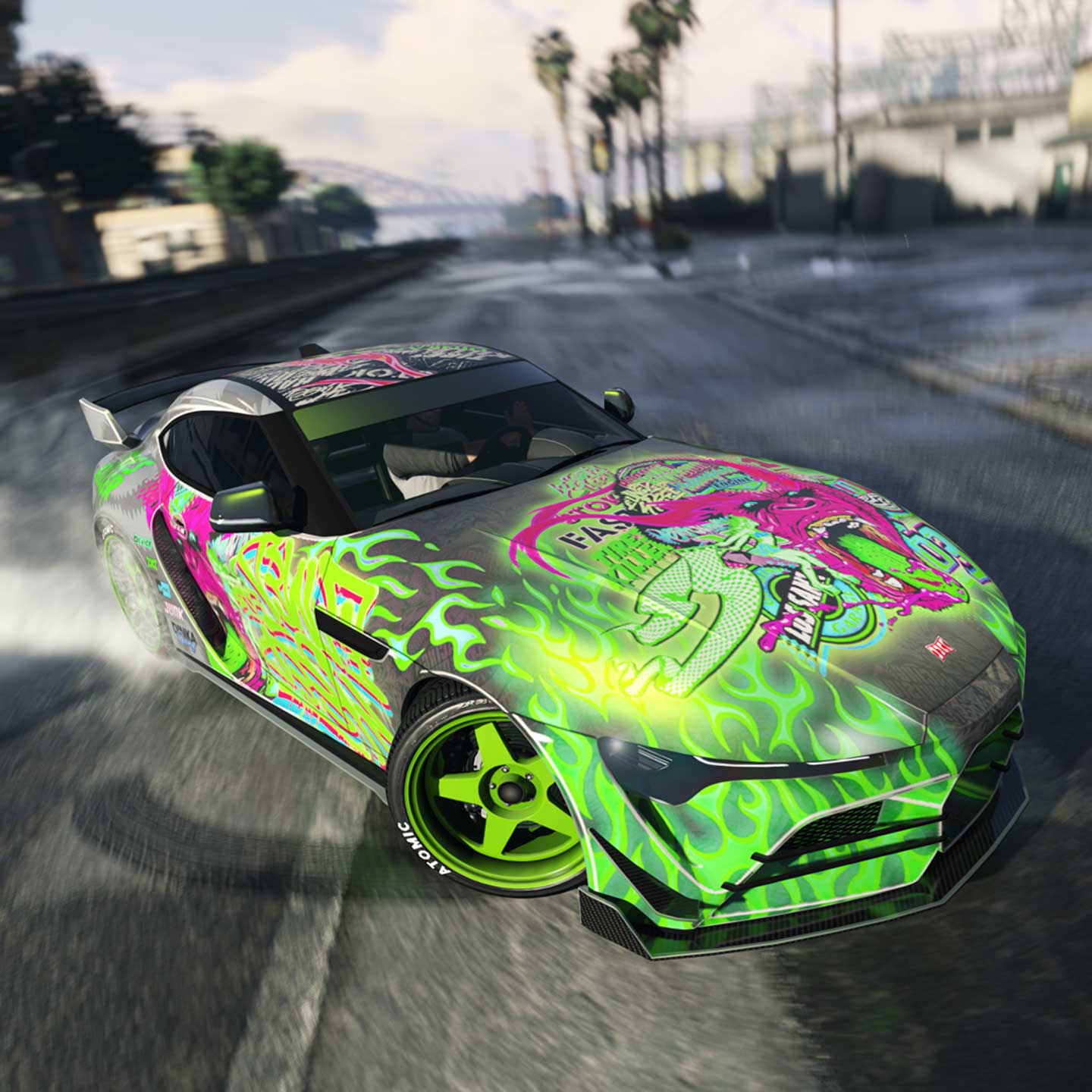 Dinka Jester RR Screenshot of a Dinka Jester RR with a Drift Gorilla Green Livery in GTA Online.