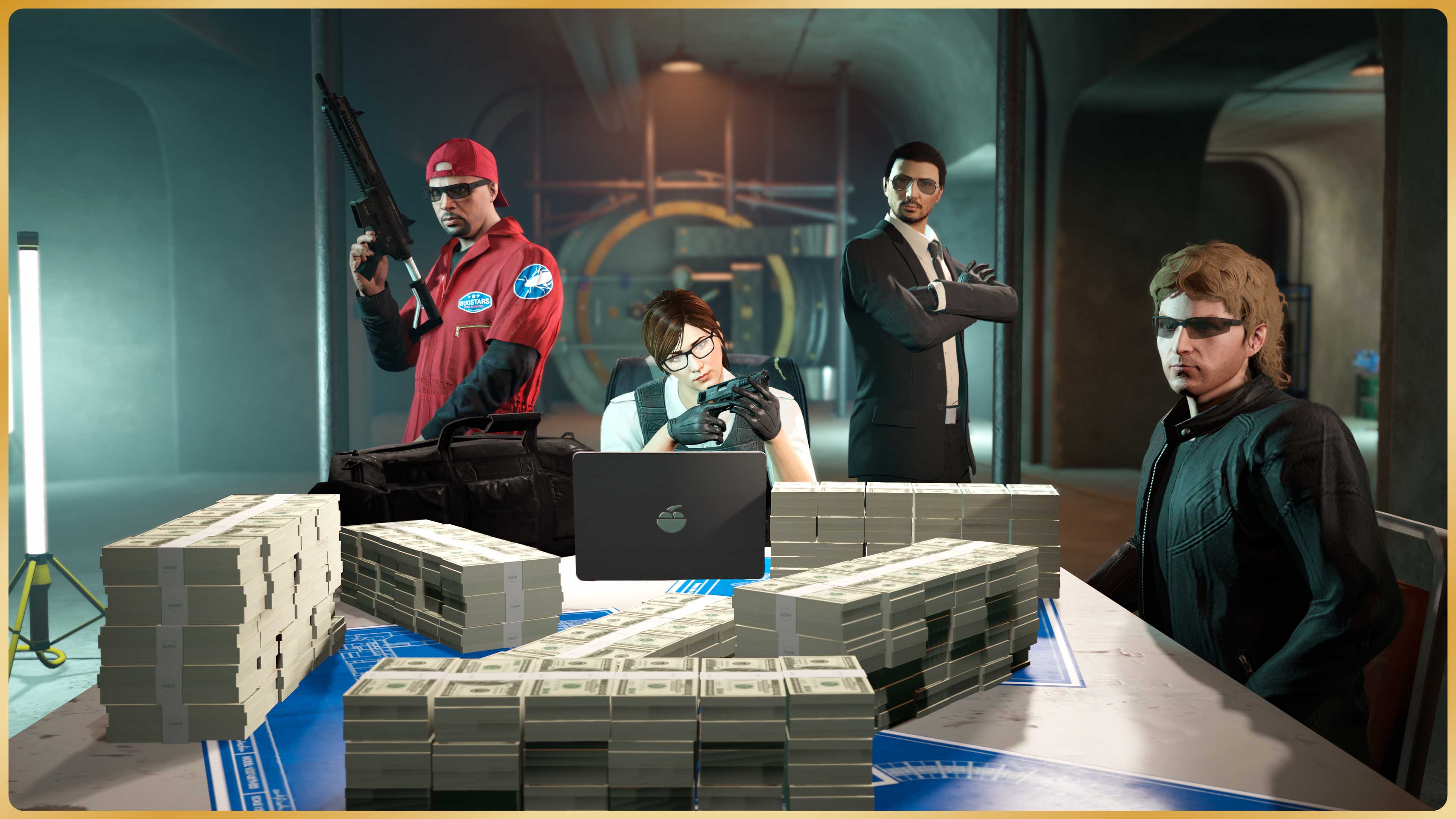 Heist Planning Screenshot of four GTA Online characters during Heist preparation.