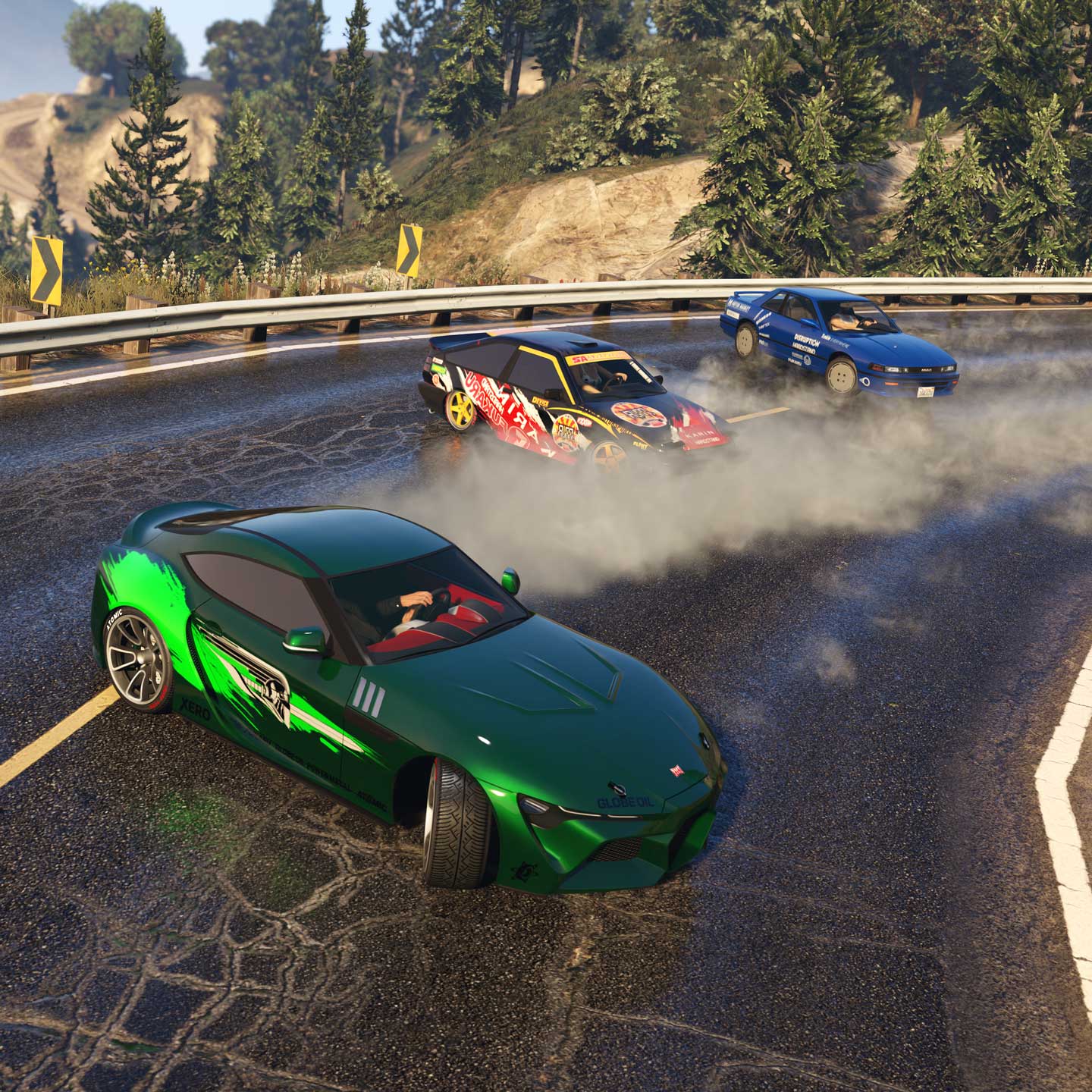 Drift Races Series Screenshot of three vehicles during Drift Races in GTA Online.