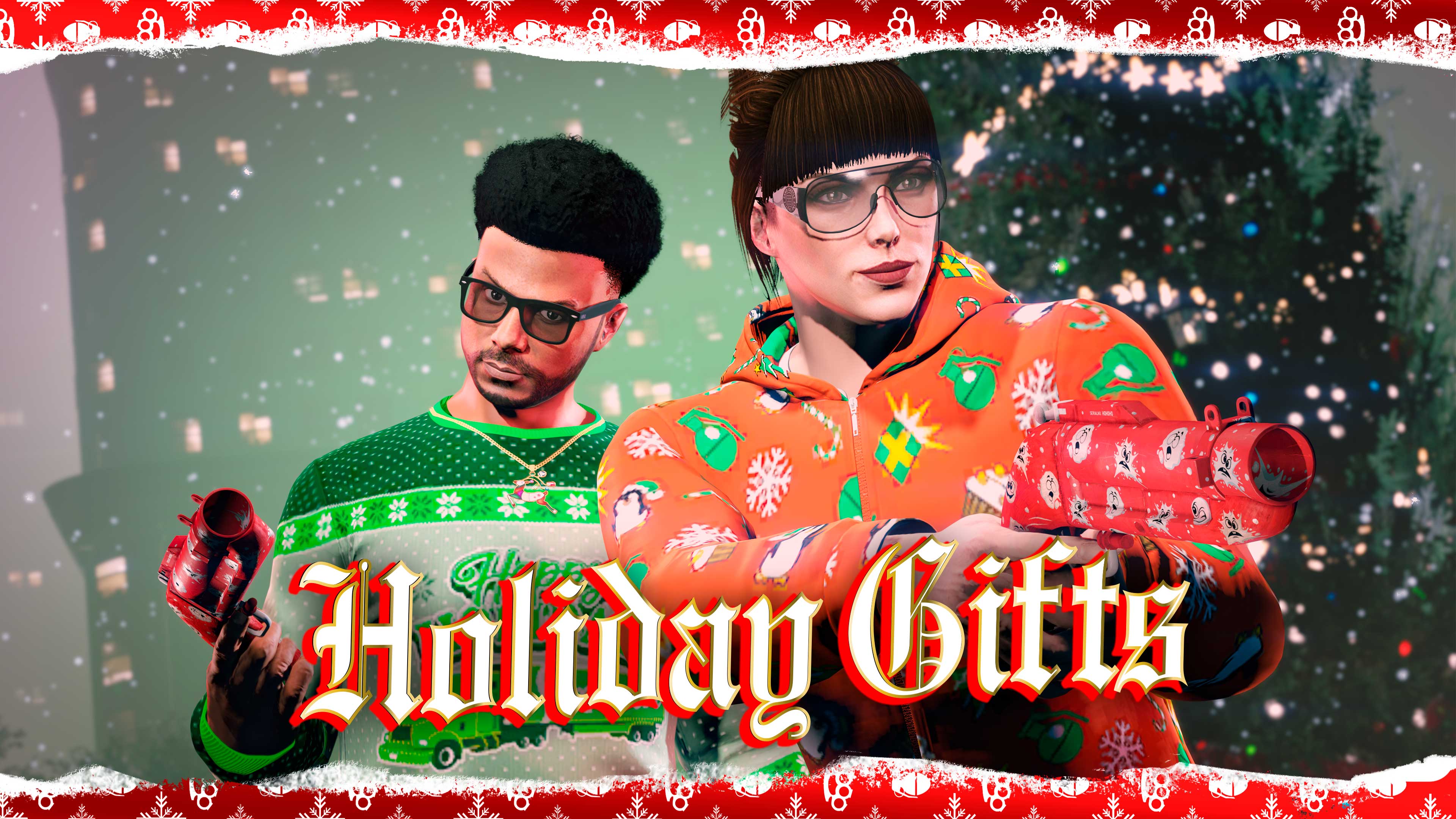 Promotional poster for Festive Surprise Holiday Gifts in GTA Online.
