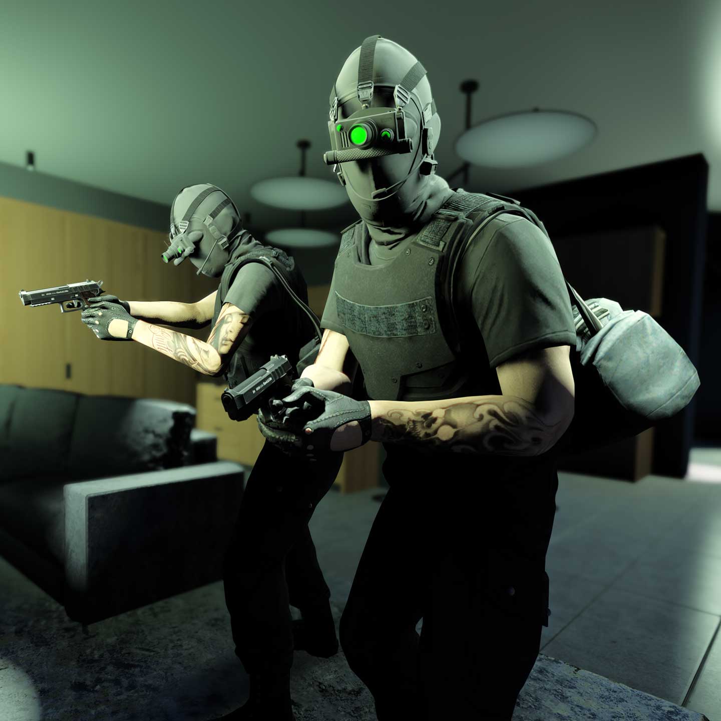 FIB Files Screenshot of two GTA Online characters during an FIB Files Mission.