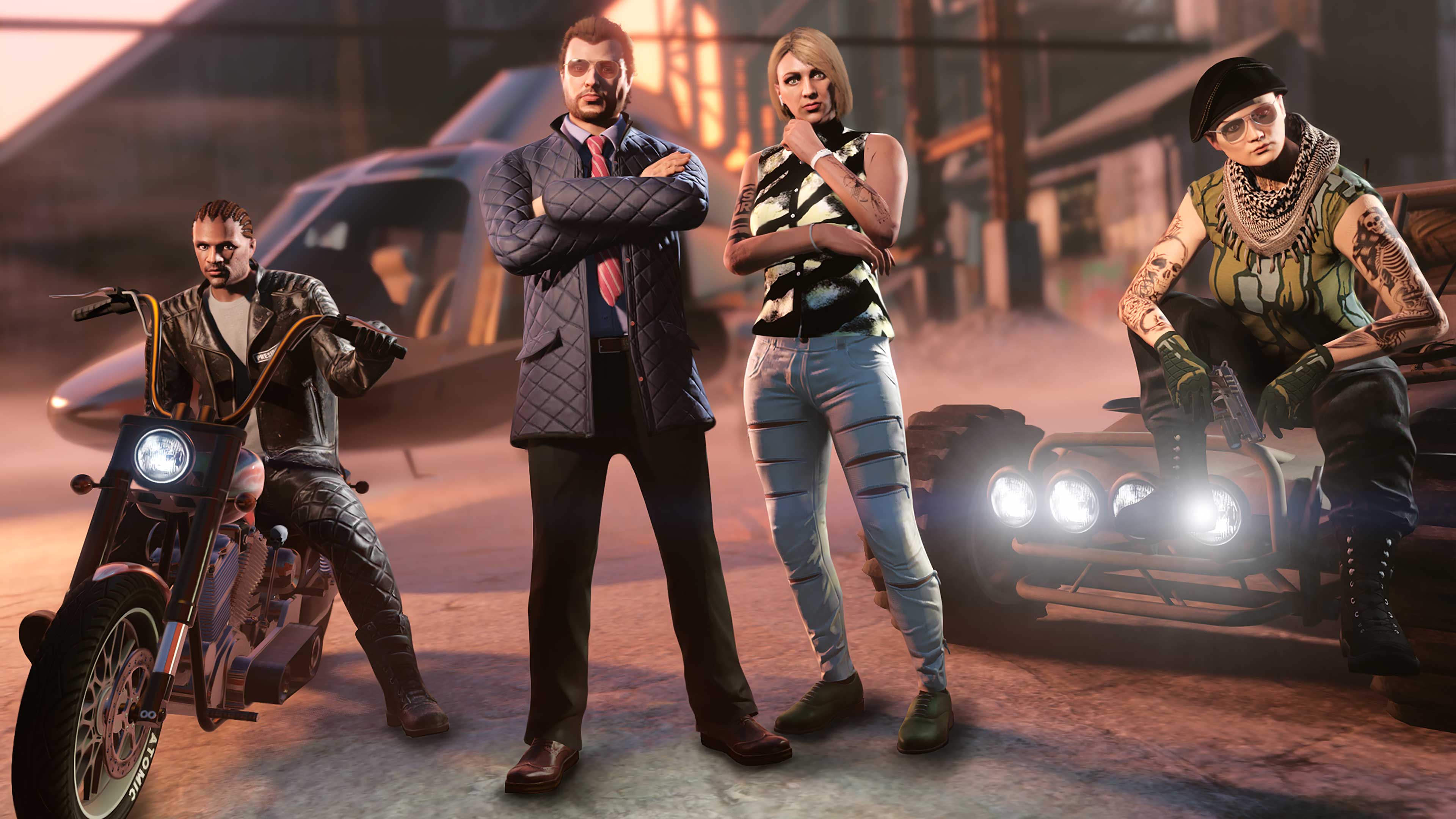 Screenshot of four GTA Online characters.