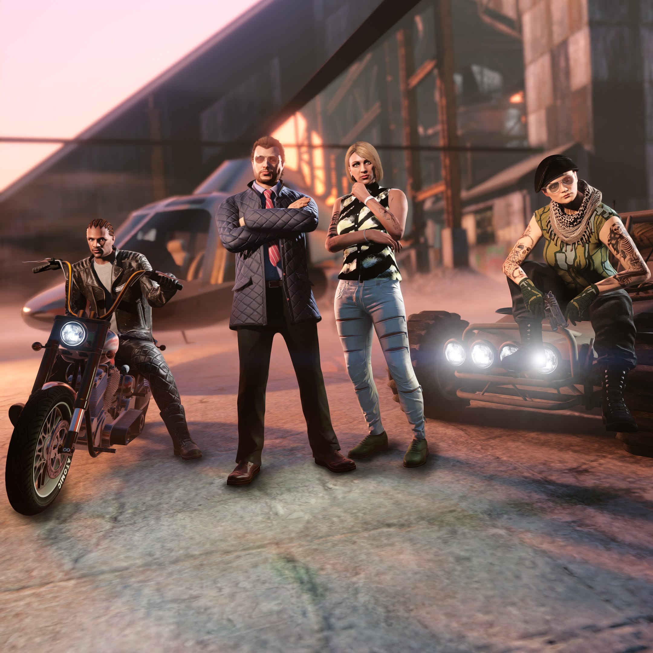 Screenshot of four GTA Online characters.