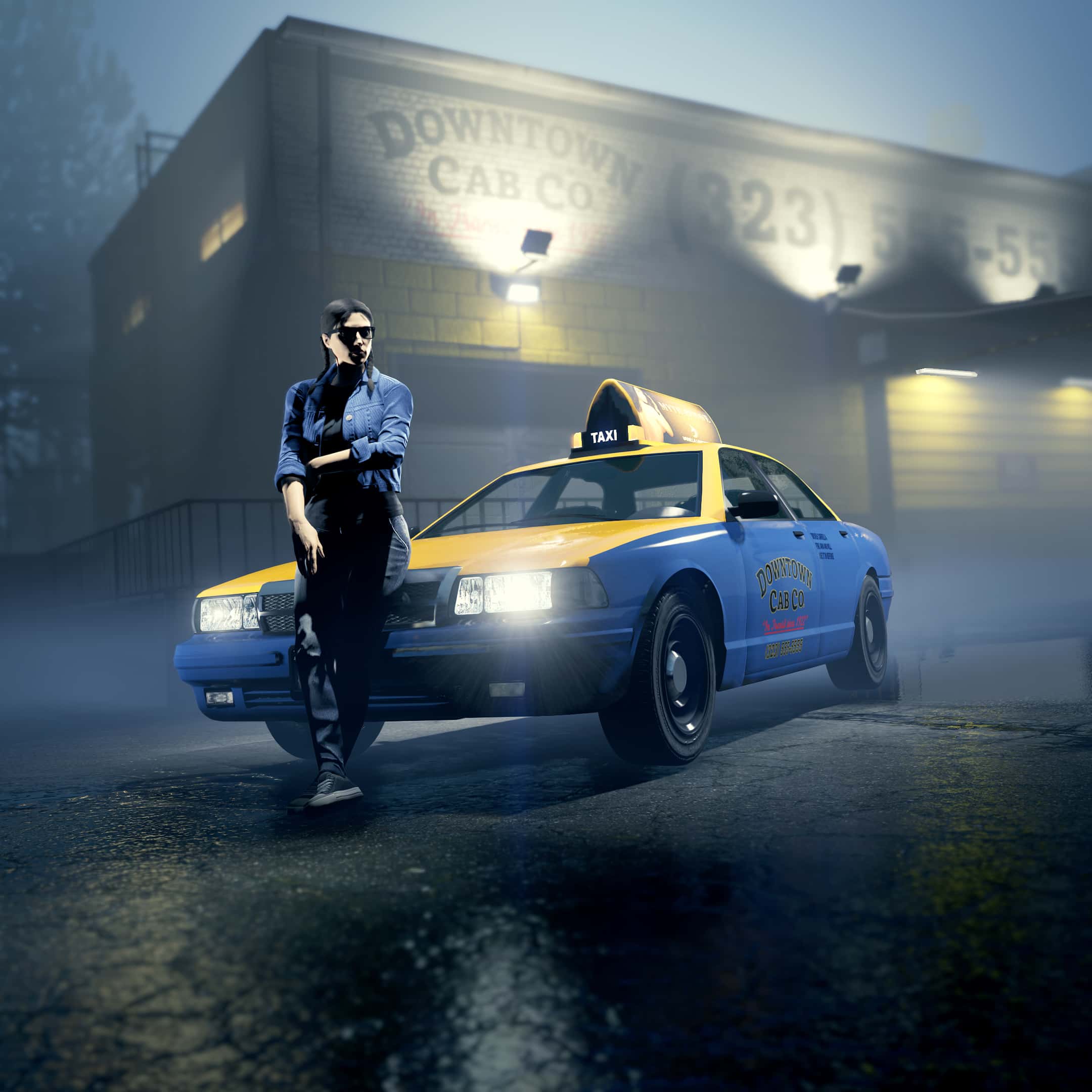 Screenshot of a GTA Online character with a Vapid Taxi.