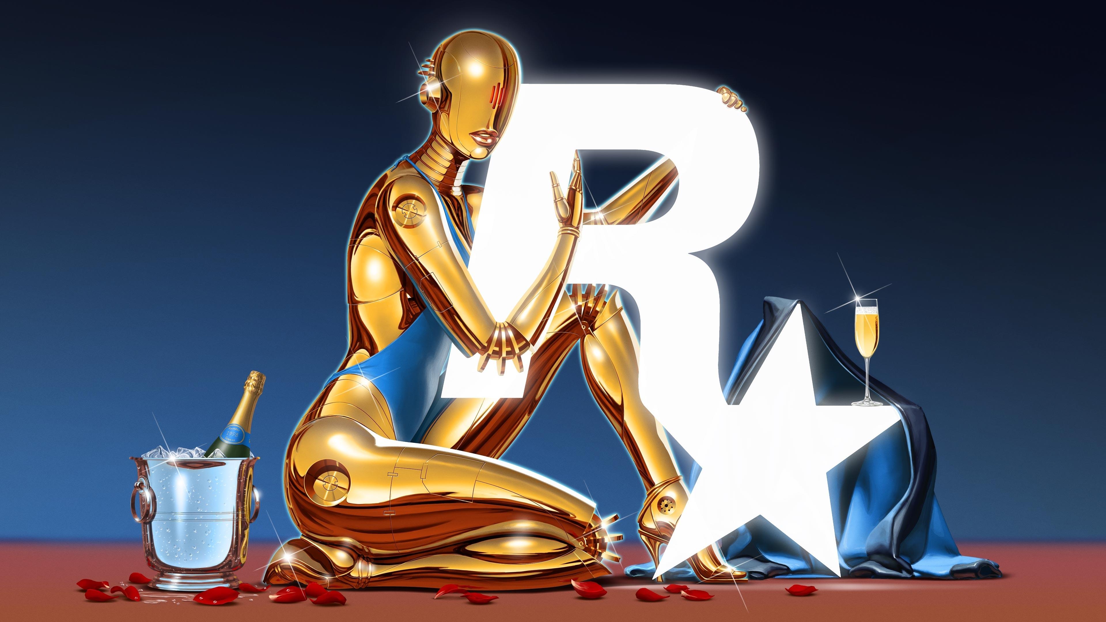 GTAVI Robotic Wallpaper A Rockstar Games wallpaper with the official white logo and a gold robot.