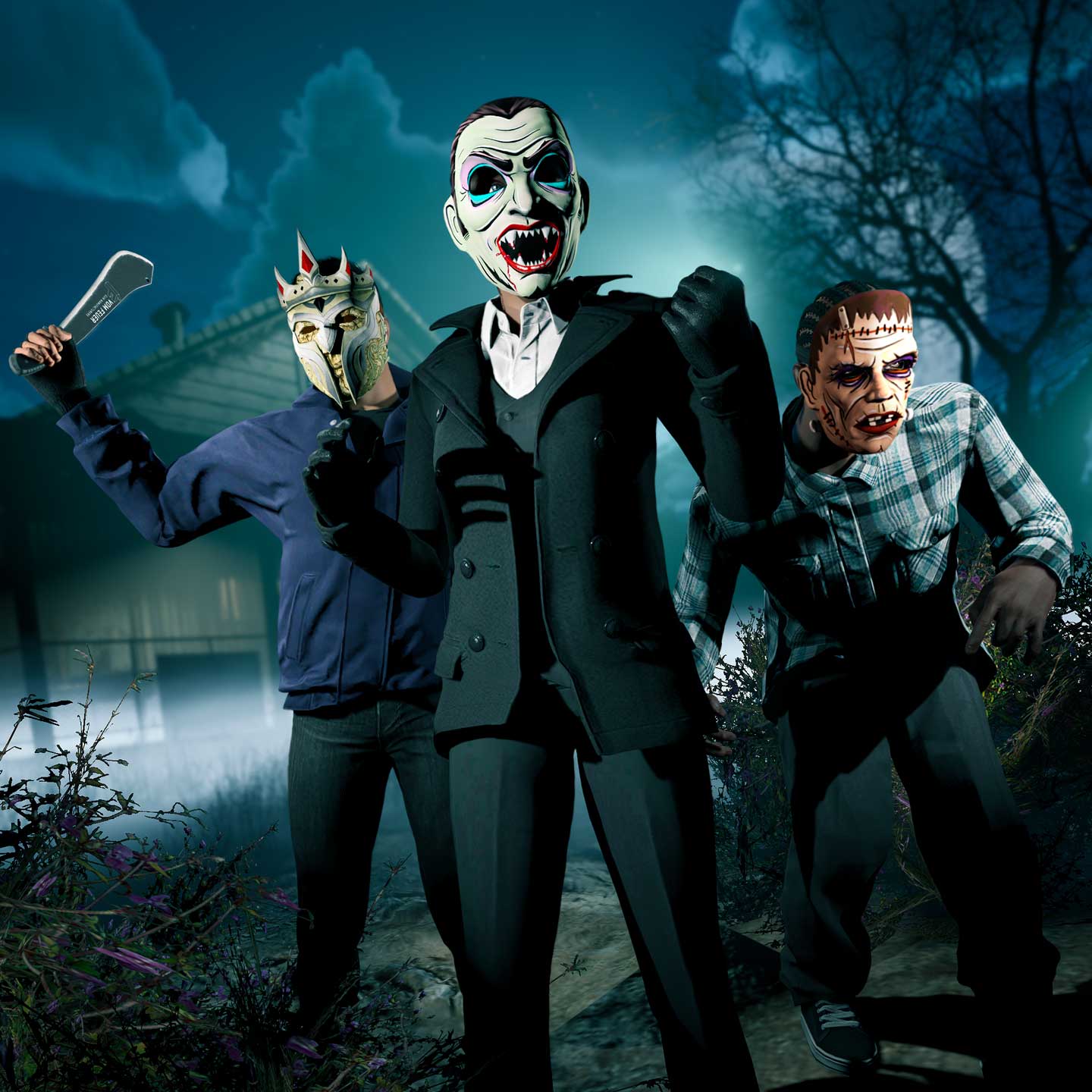 Halloween Masks Screenshot of three GTA Online character in Halloween Masks.