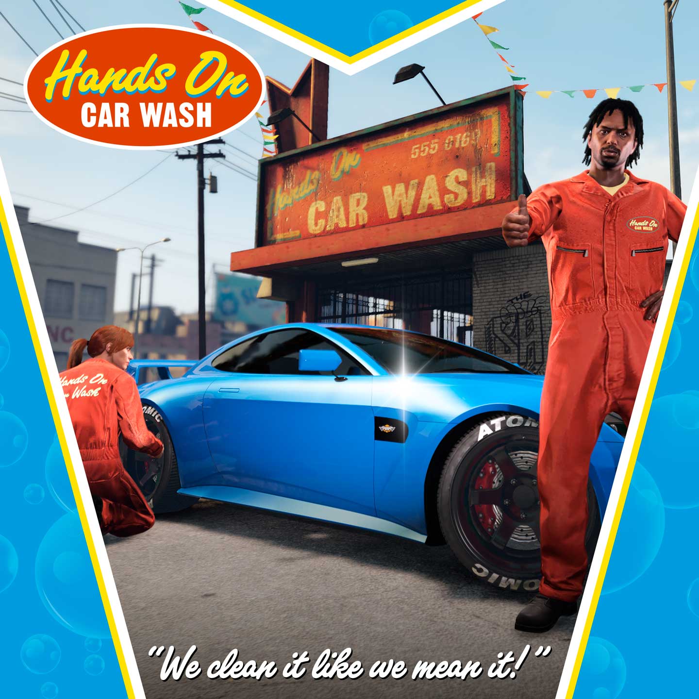 Promotional poster for Hands On Car Wash in GTA Online.
