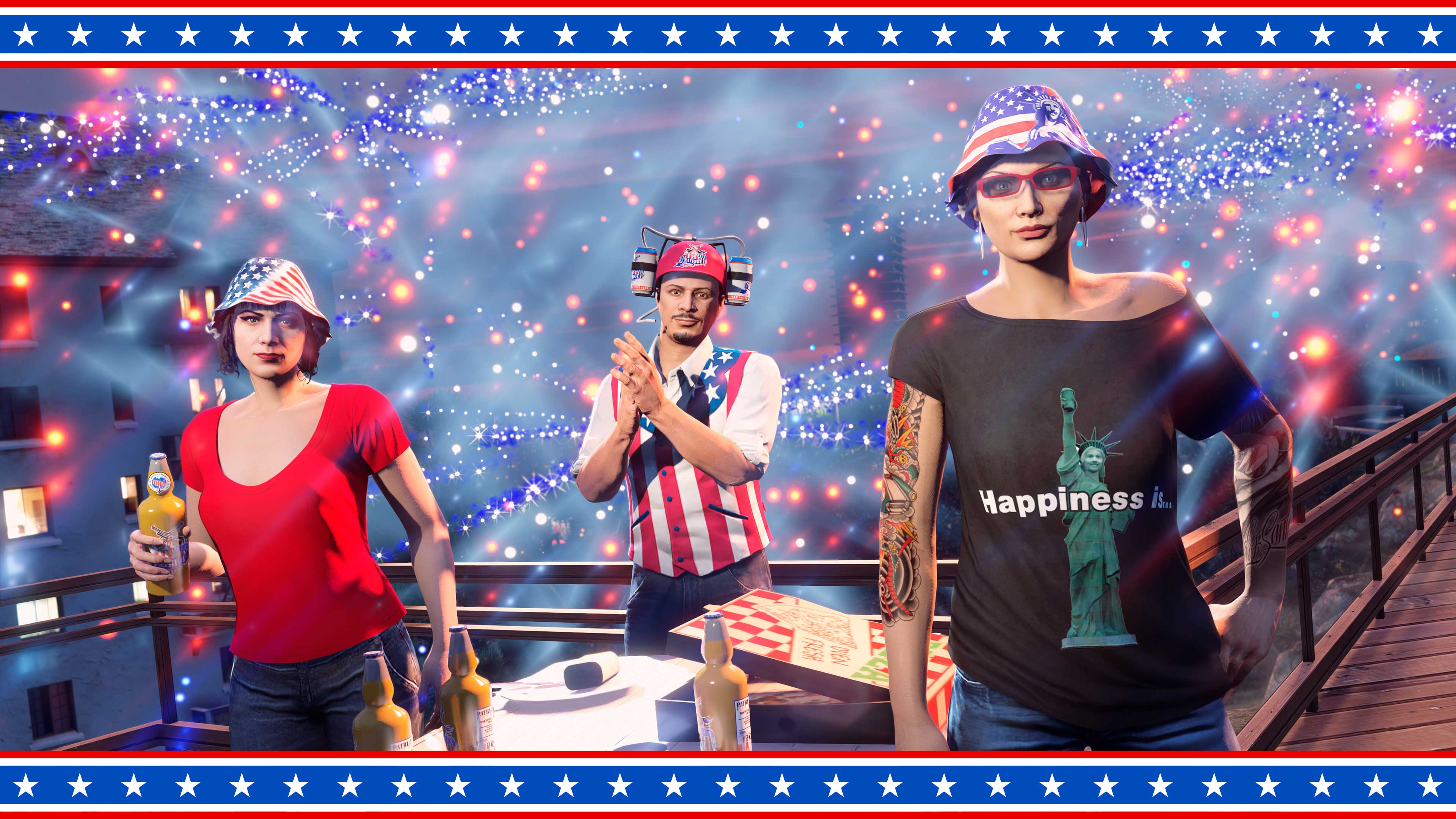 Independence Day Screenshot of three GTA Online characters wearing Independence Day clothes.