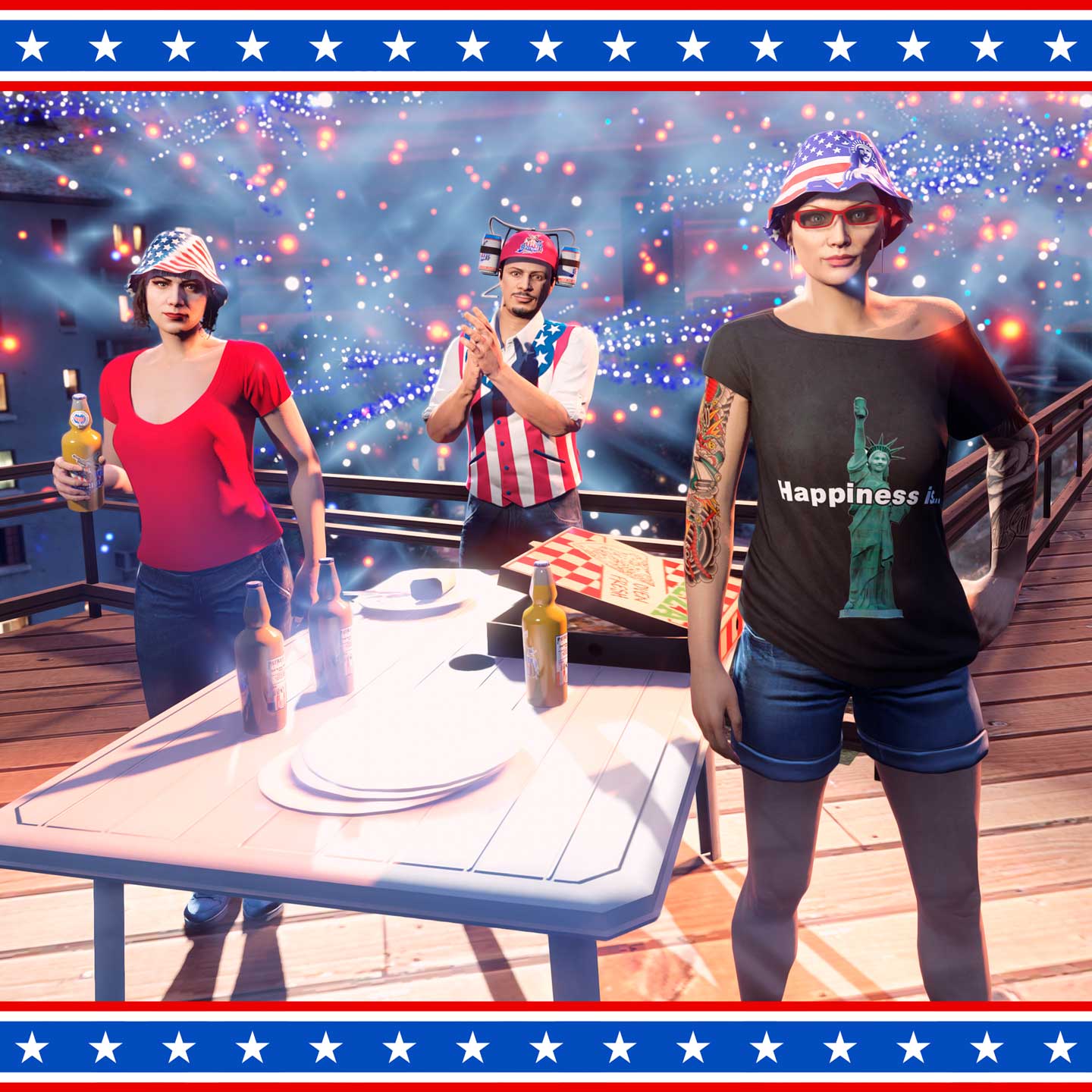 Independence Day Screenshot of three GTA Online characters wearing Independence Day clothes.