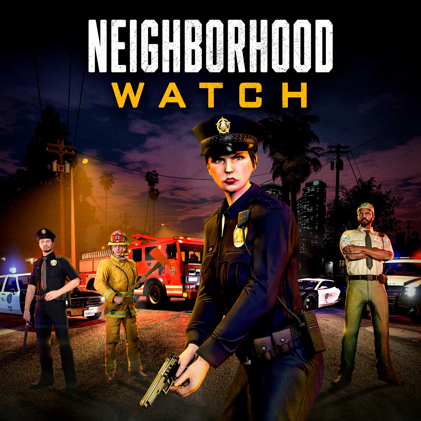 Promotional poster for Neighborhood Watch Event in GTA Online.