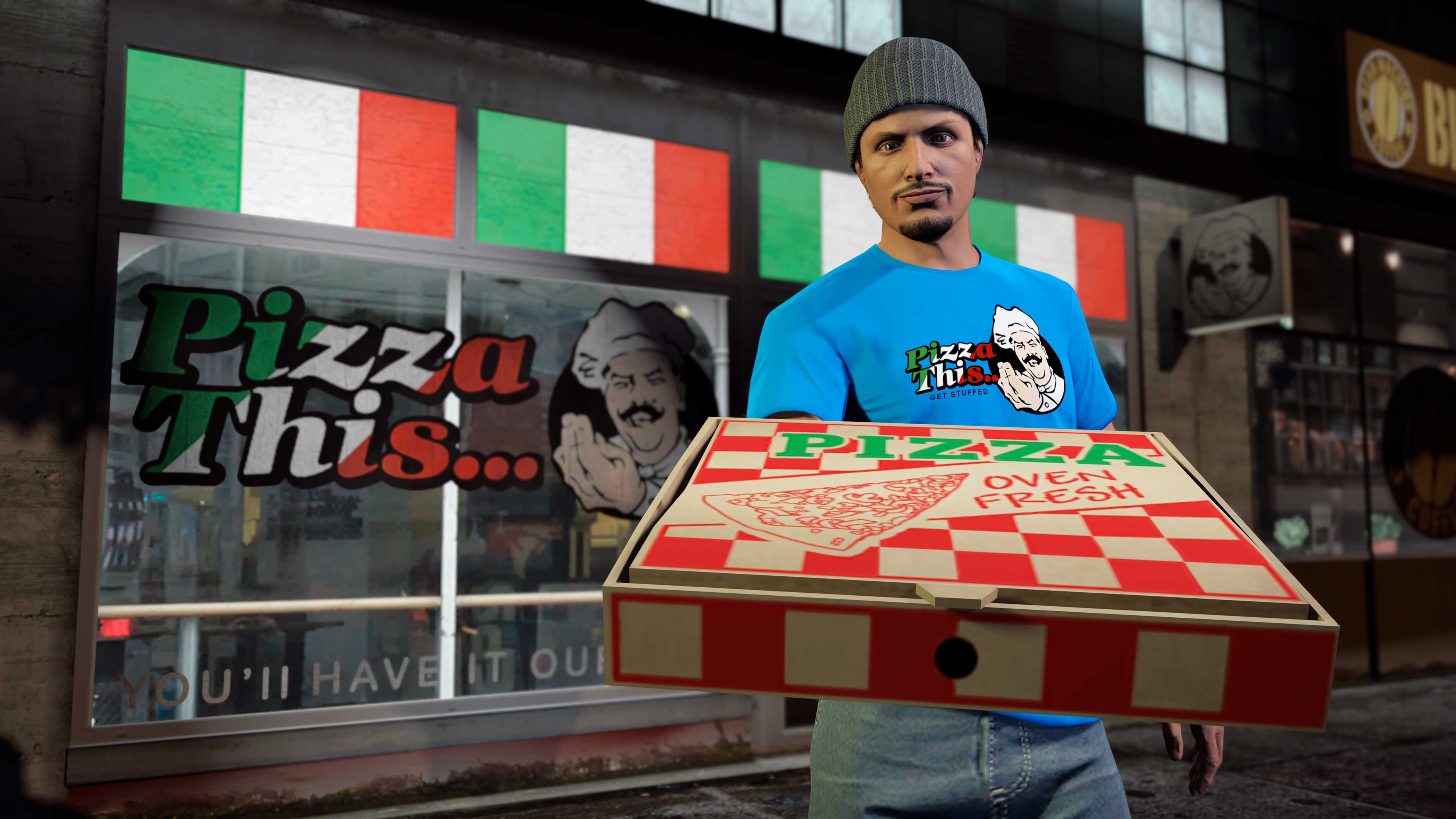 Promotional poster for Pizza Delivery Odd Jobs in GTA Online.