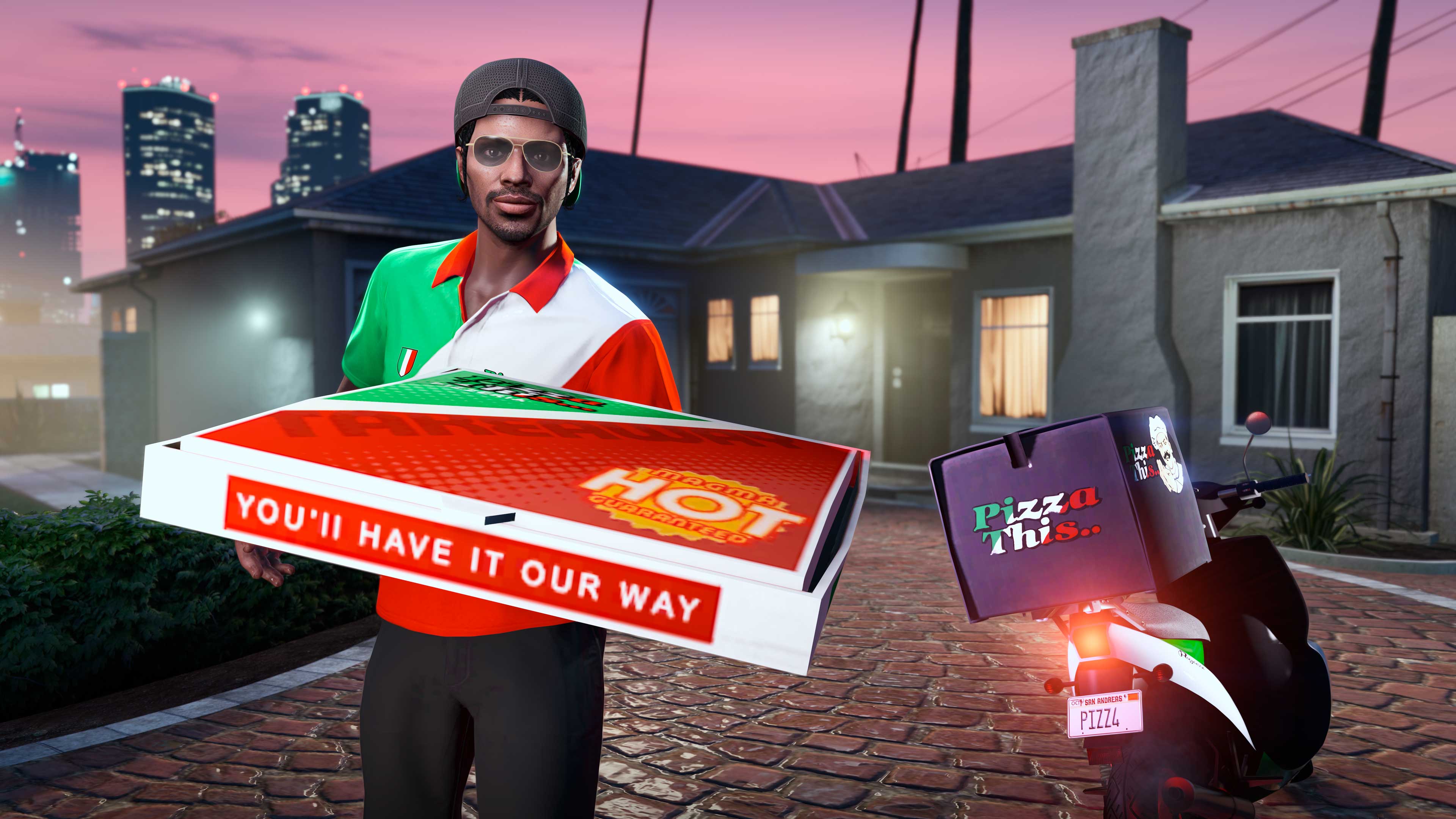 Pizza Delivery Promotional poster for Pizza Deliveries in GTA Online.