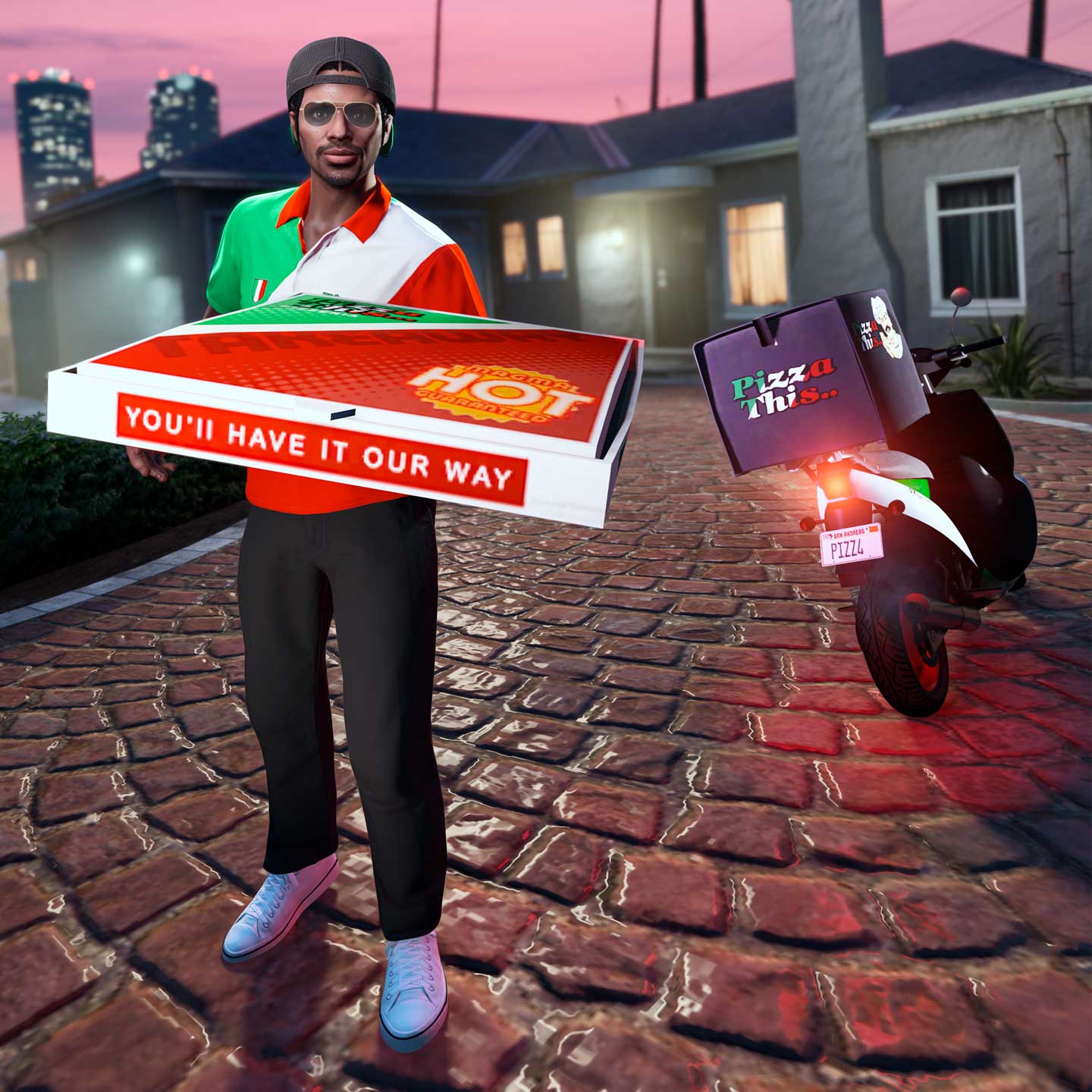Pizza Delivery Promotional poster for Pizza Deliveries in GTA Online.