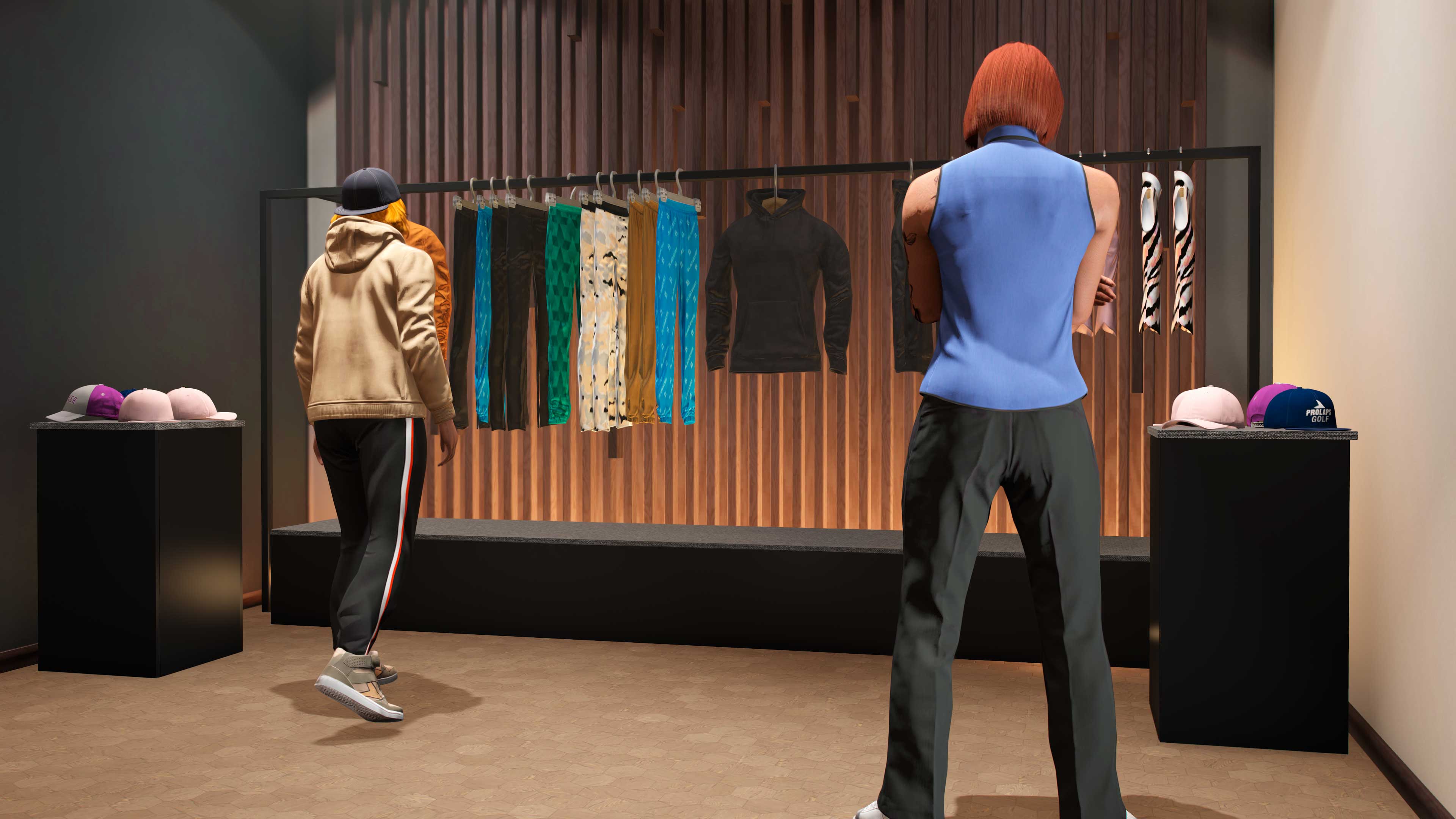 Record A Studios Clothes Screenshot of two GTA Online character browsing Record A Studios clothes.