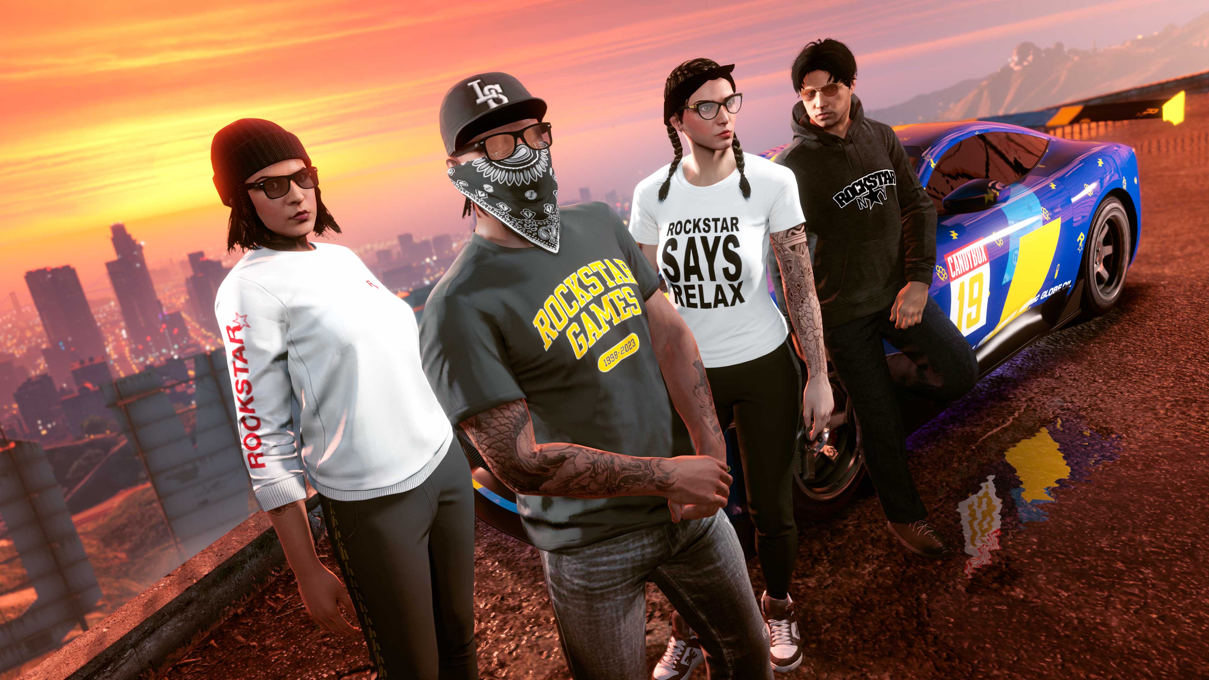 Screenshot of four GTA Online characters wearing Rockstar Games 25th Anniversary clothing.