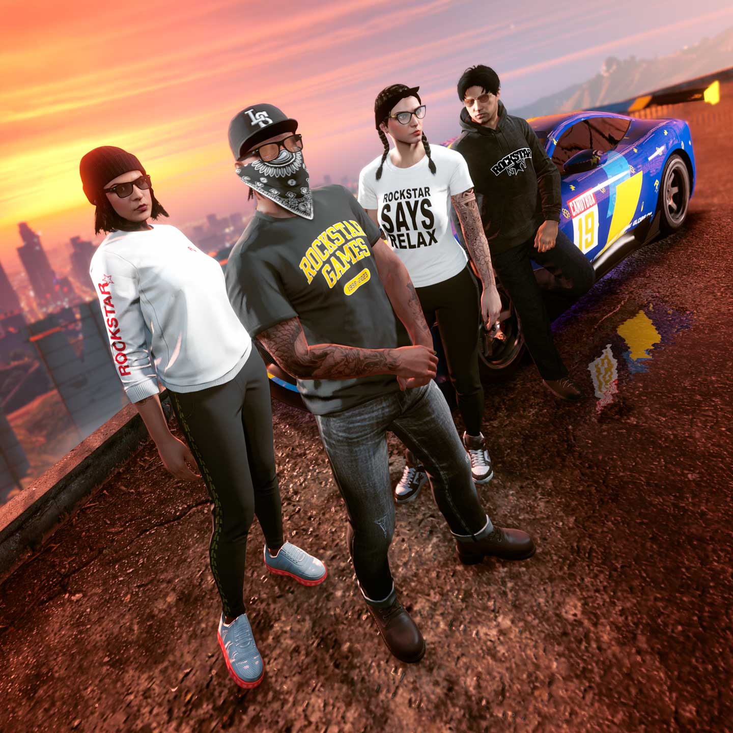 Screenshot of four GTA Online characters wearing Rockstar Games 25th Anniversary clothing.