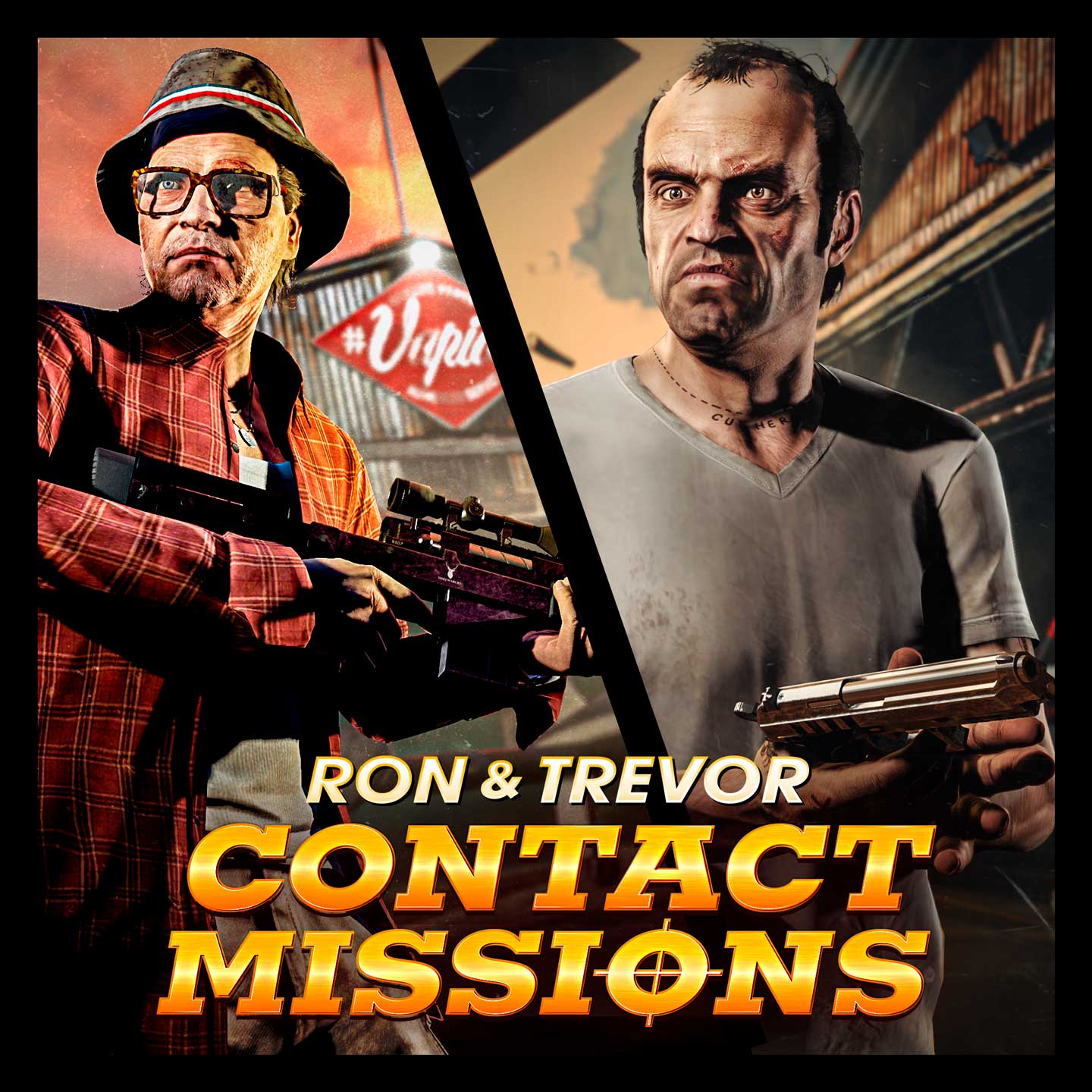 Promotional poster for Ron and Trevor Contact Missions in GTA Online.