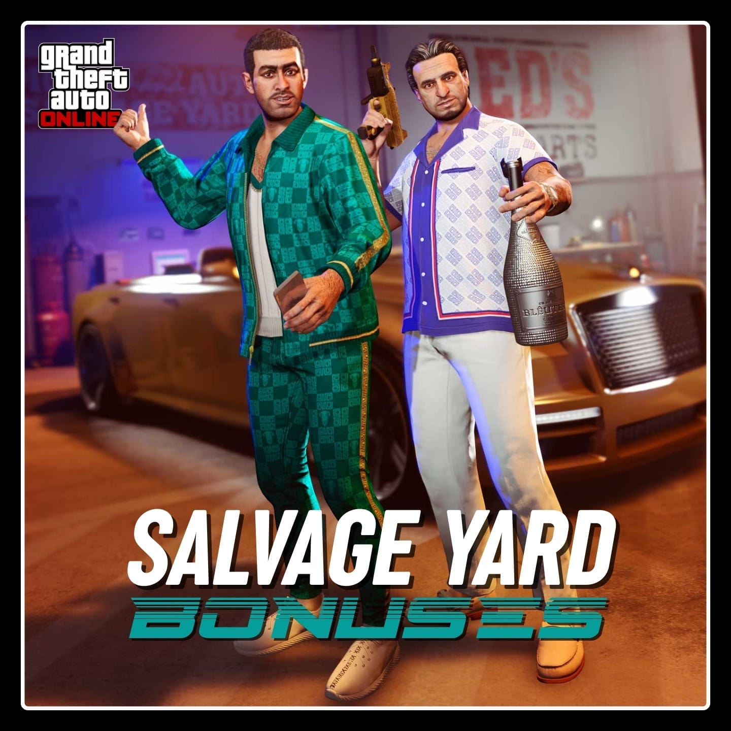 Promotional poster for Salvage Yard Bonuses in GTA Online.