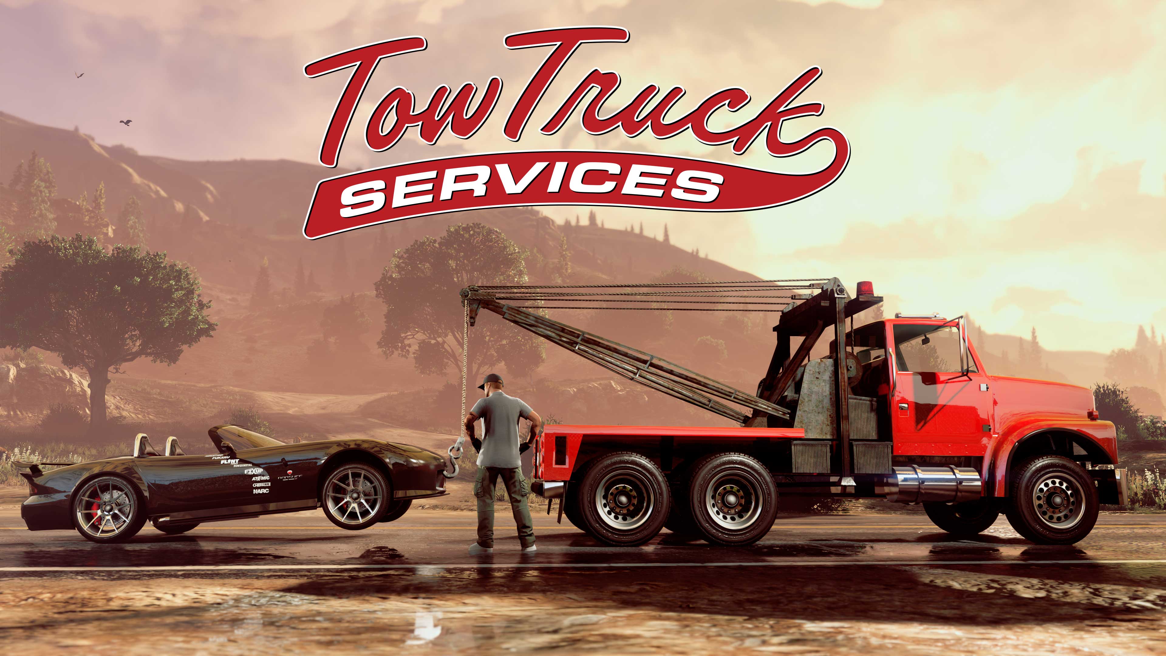 Promotional screenshot for Tow Truck Service in GTA Online.