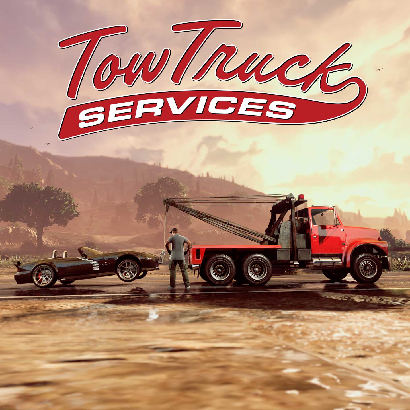 Promotional screenshot for Tow Truck Service in GTA Online.