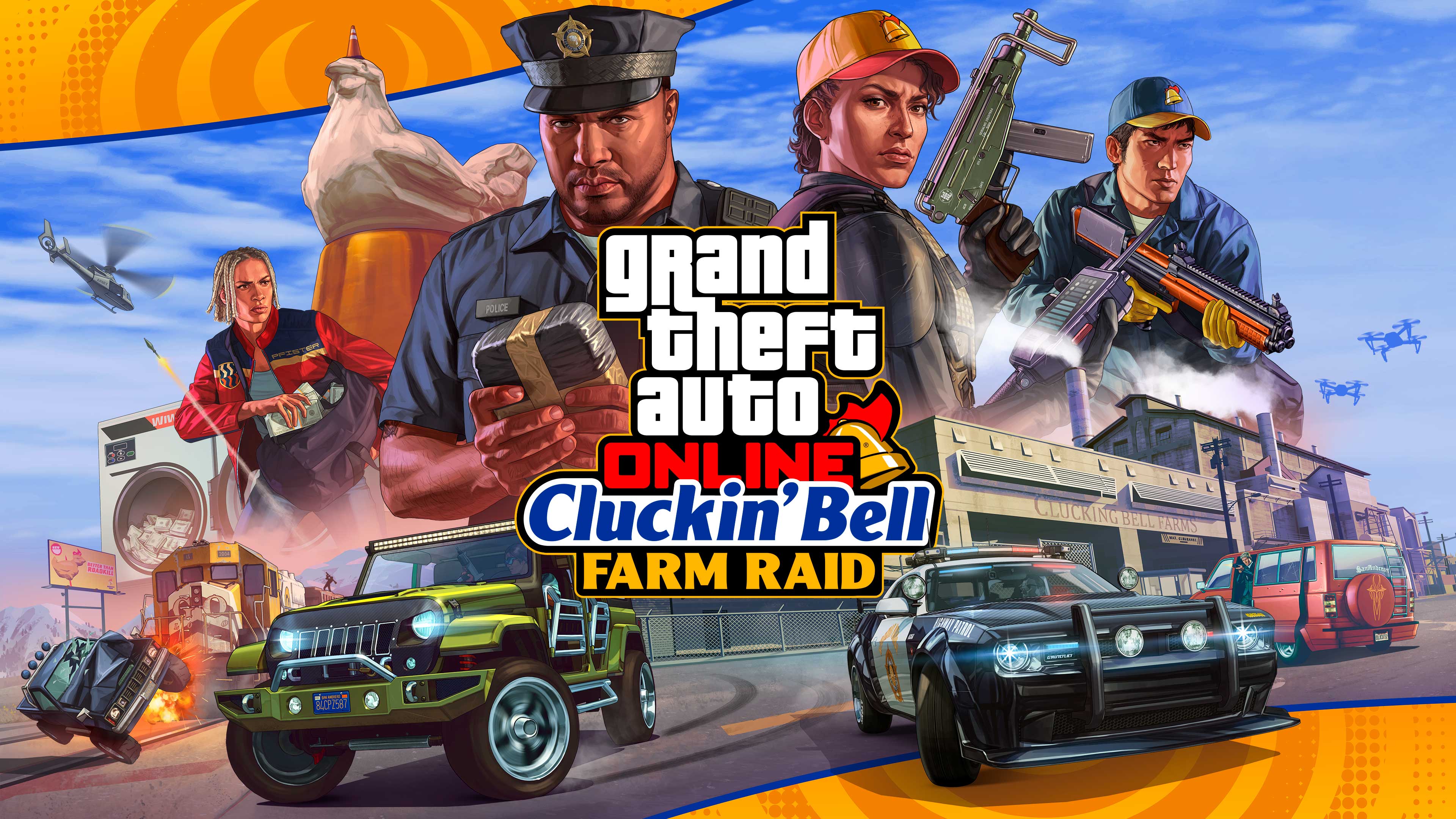 Promotional poster for The Cluckin' Bell Farm Raid Bonuses in GTA Online.