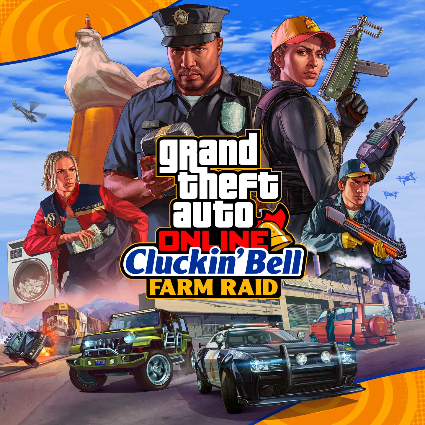 Promotional poster for The Cluckin' Bell Farm Raid Bonuses in GTA Online.