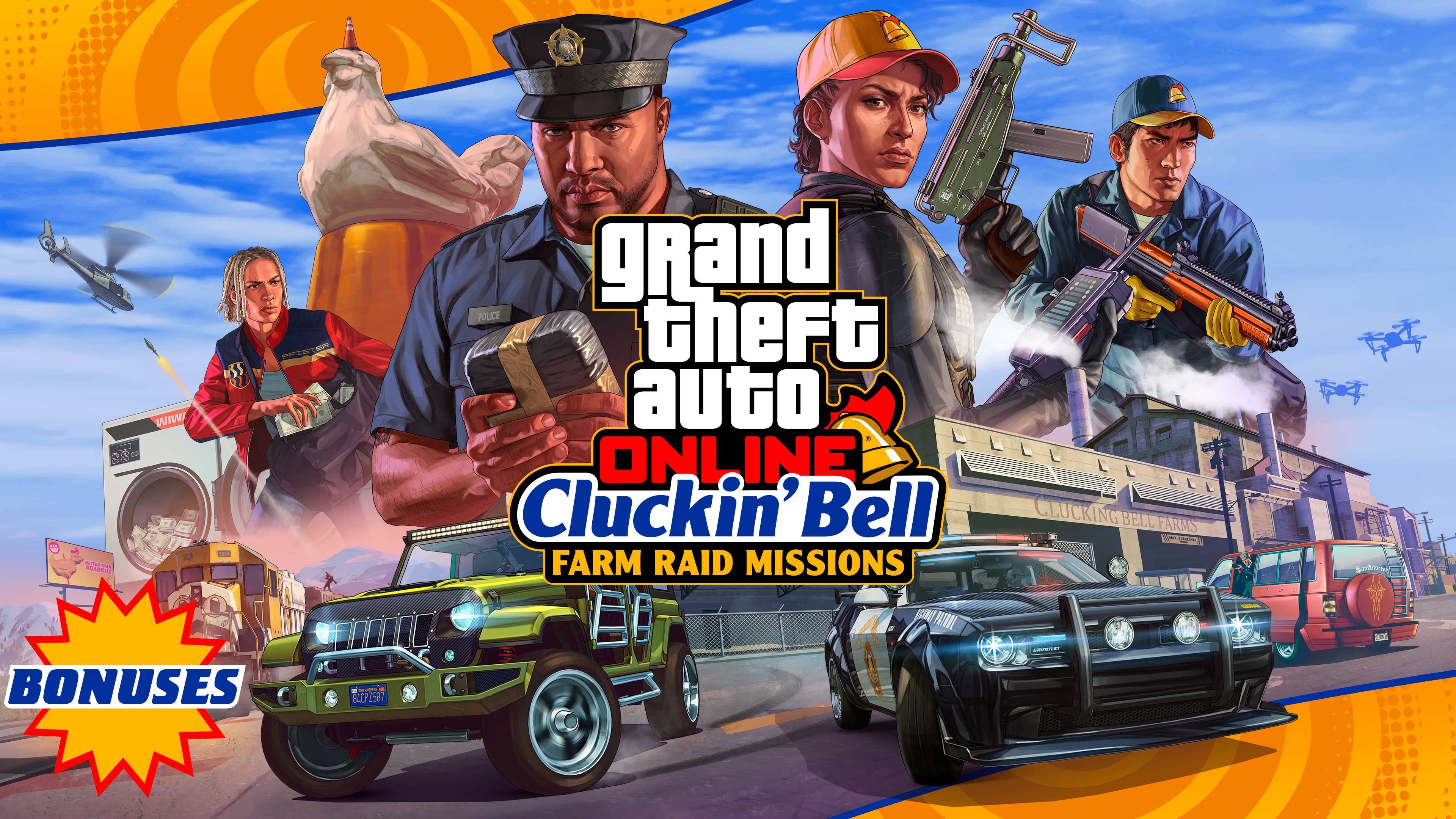 Artwork for The Cluckin' Bell Farm Raid Mission Bonuses in GTA Online.