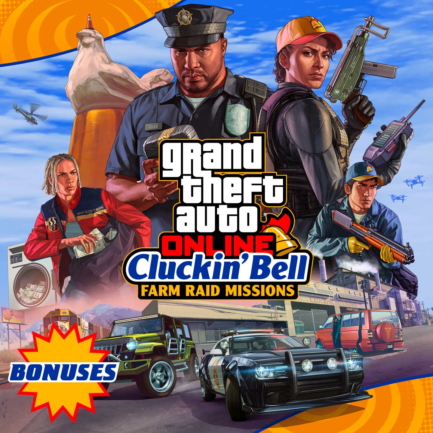 Artwork for The Cluckin' Bell Farm Raid Mission Bonuses in GTA Online.