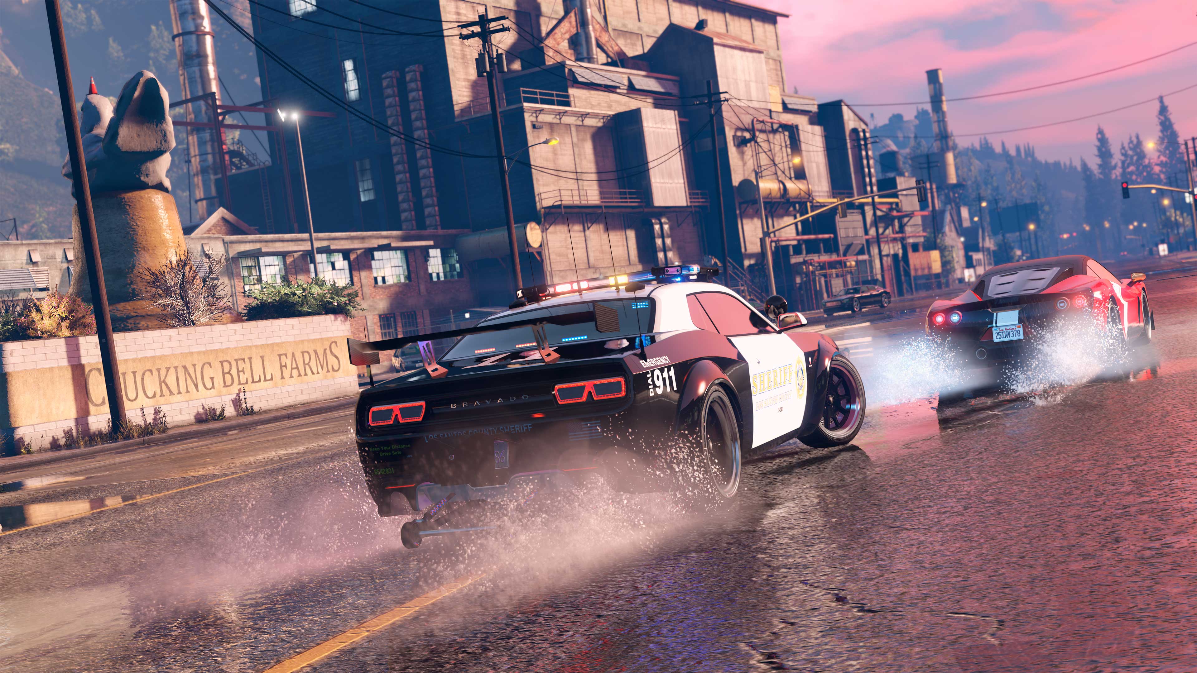 The Cluckin’ Bell Farm Raid Promotional screenshot for The Cluckin' Bell Farm Raid in GTA Online.