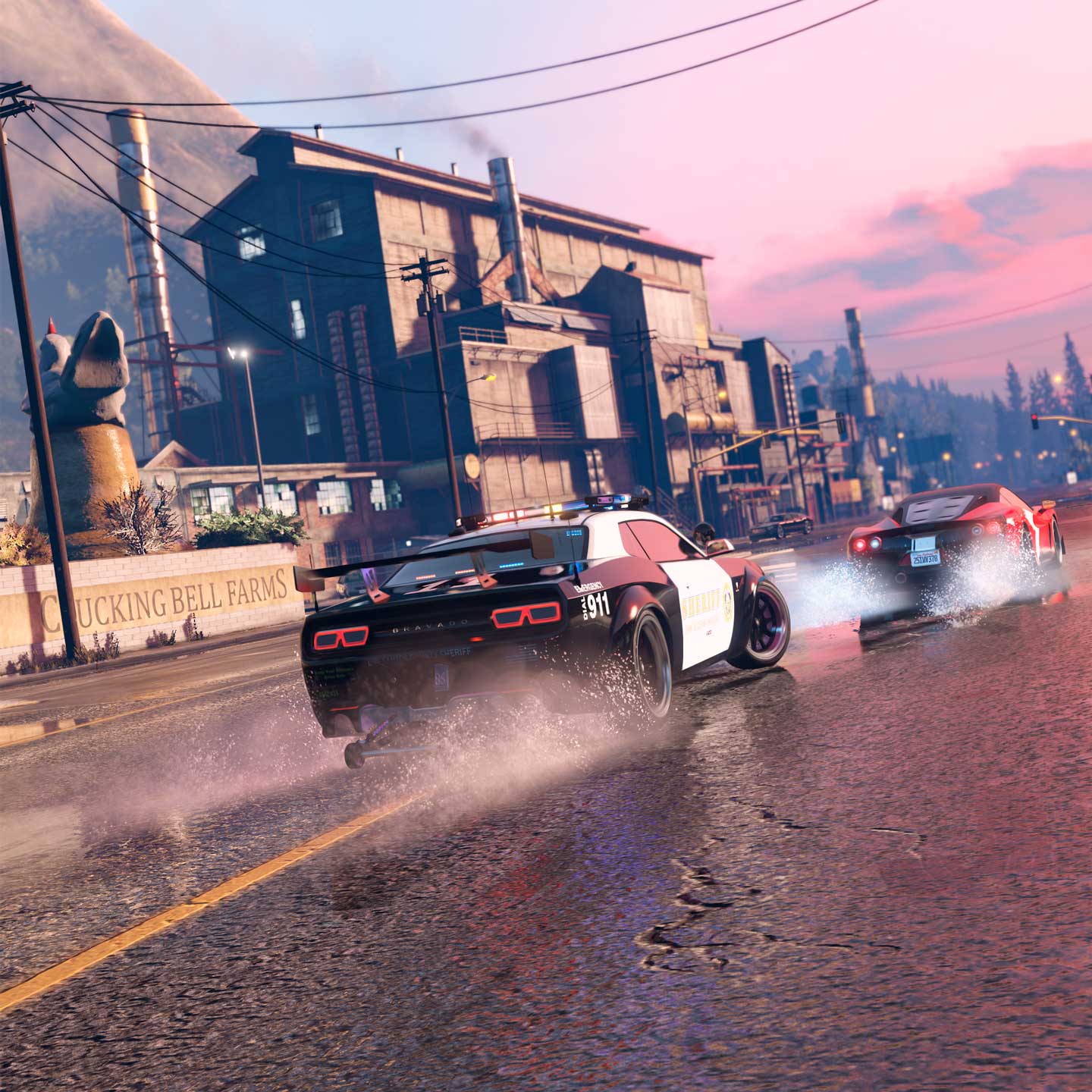 The Cluckin’ Bell Farm Raid Promotional screenshot for The Cluckin' Bell Farm Raid in GTA Online.